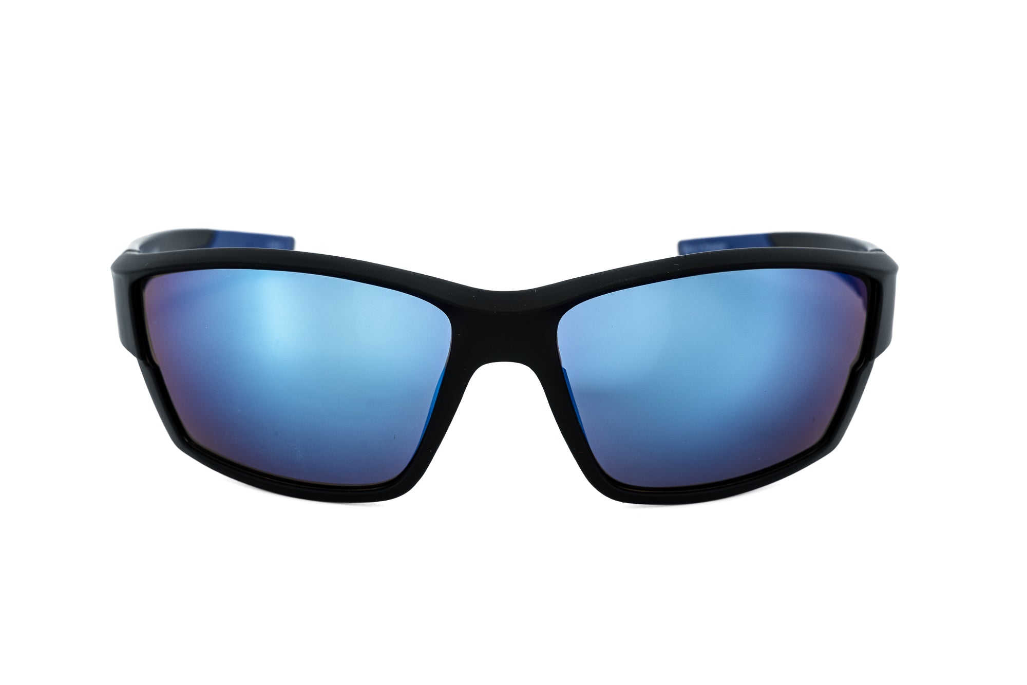 Stravik by Bolero Eyewear black wraparound sport sunglasses with blue mirror lenses front angle view