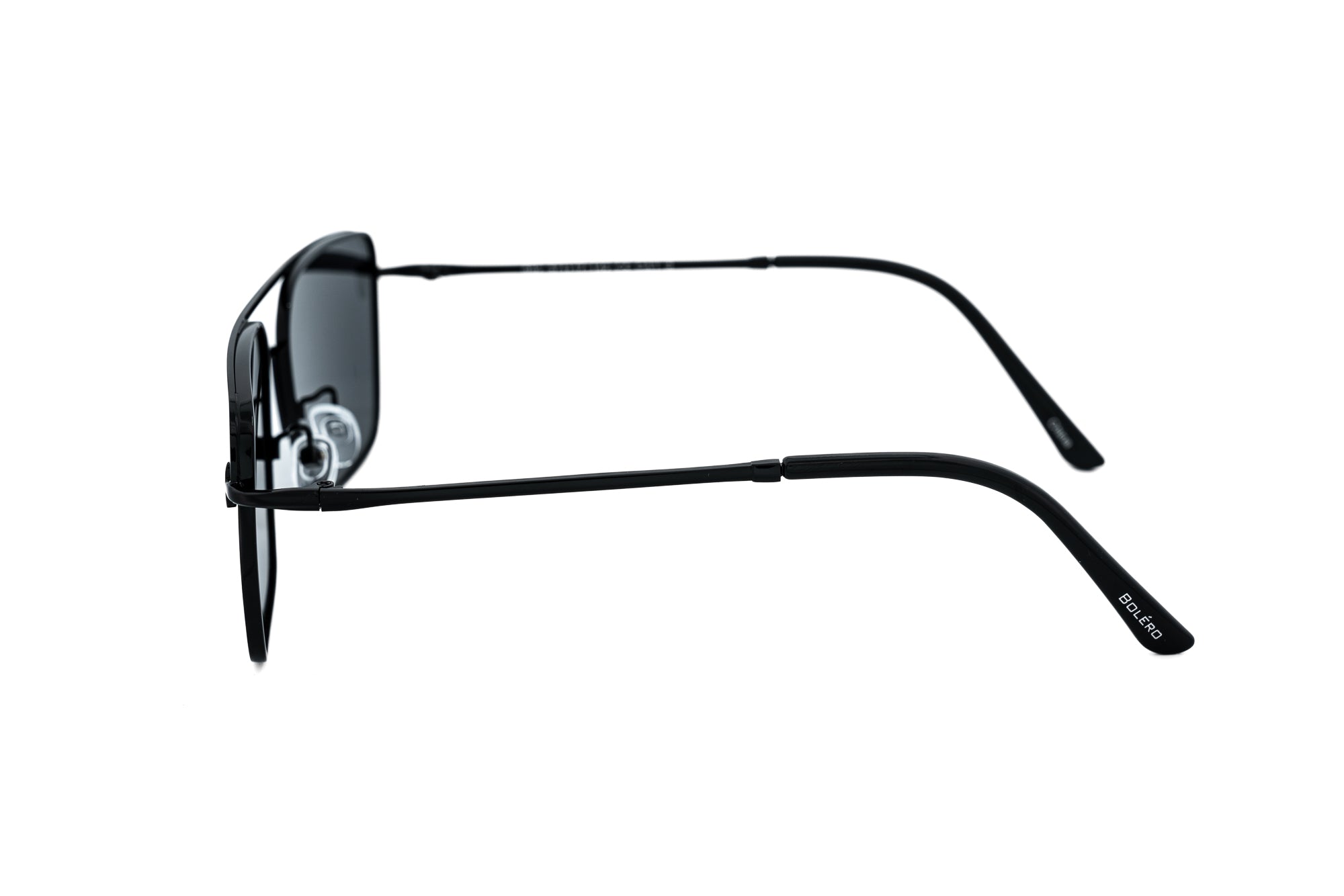 Stravos by Bolero Eyewear black square aviator sunglasses with polarized lenses and lightweight metal frame side angle view