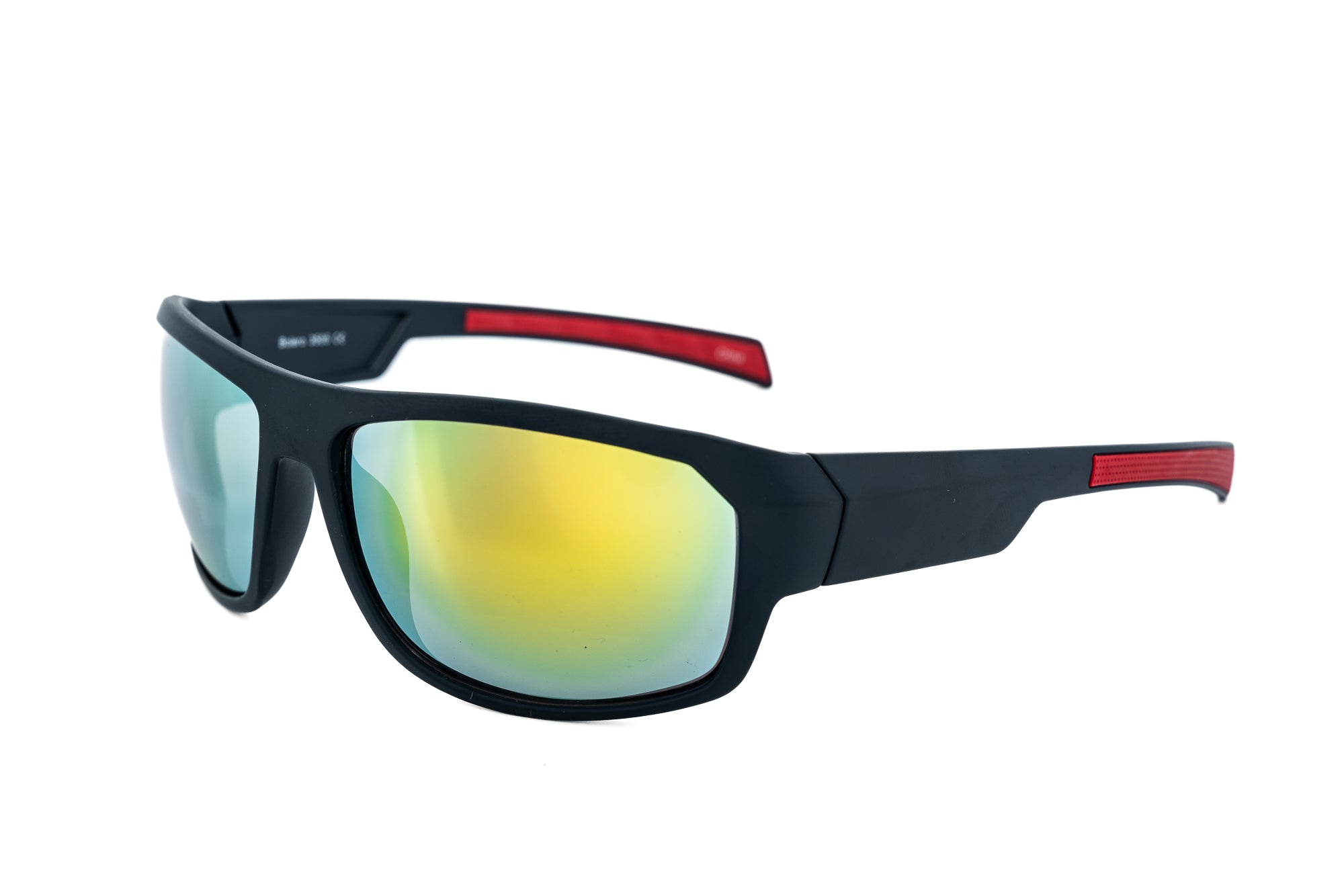Striker sport sunglasses by Bolero Eyewear Gun Metal Red Tip Striker sunglasses with yellow mirror sport lenses