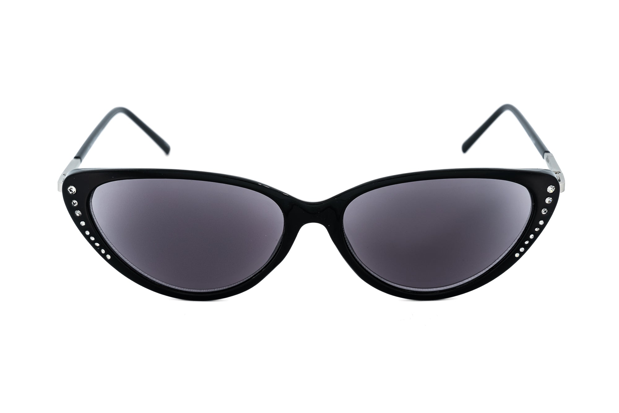 Sylvaya by Bolero Eyewear black retro cat-eye sun readers with crystal accents front angle view