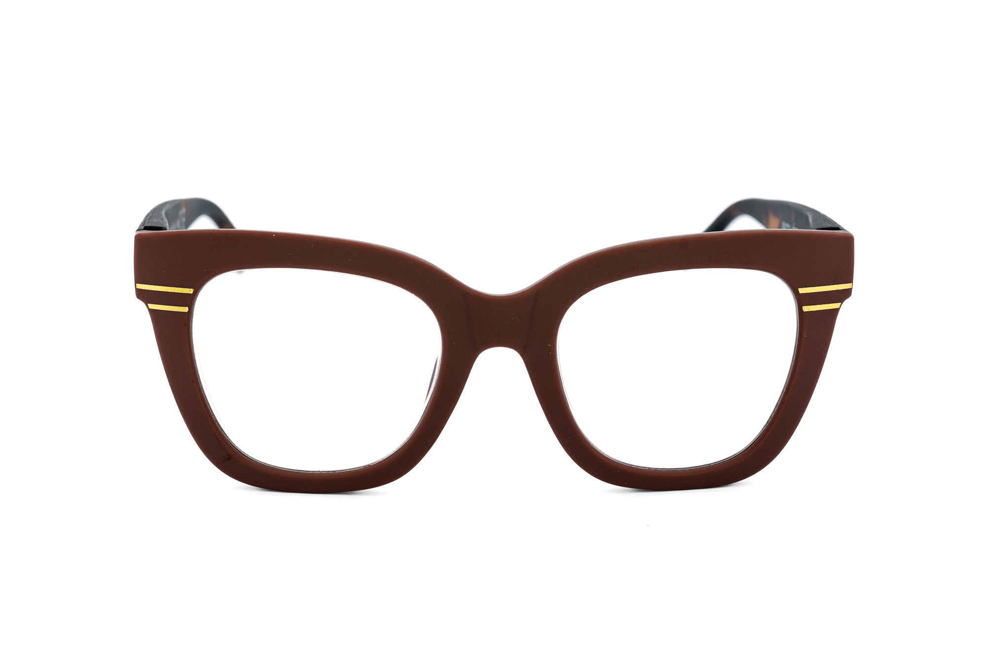 Terrava brown matte cat-eye reading glasses with golden accents and tortoiseshell temples by Bolero Eyewear front angle view