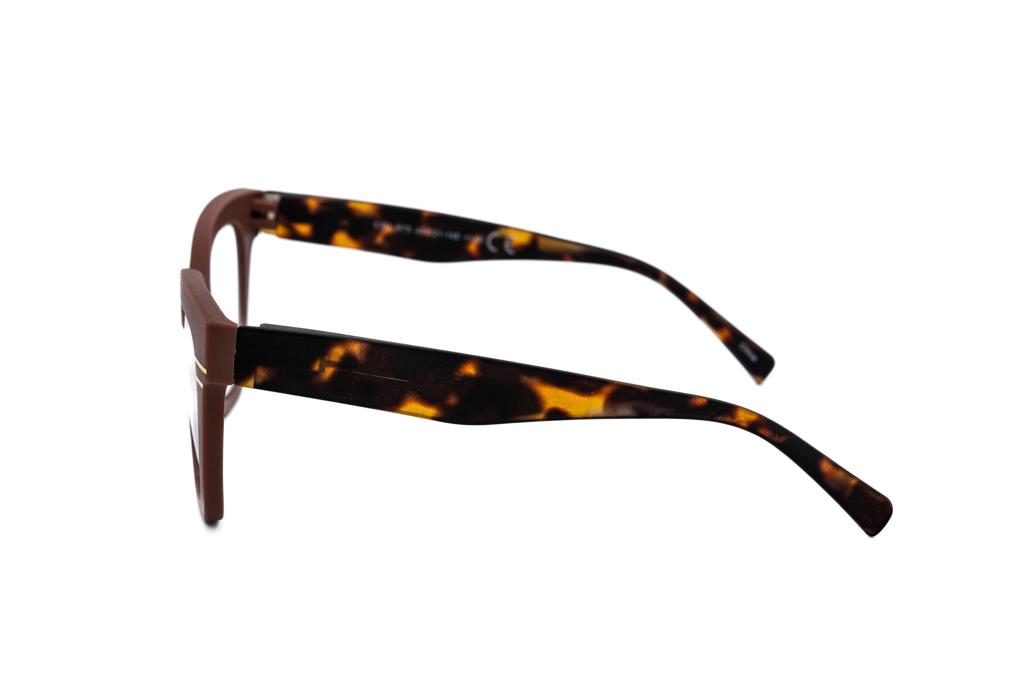 Terrava brown matte cat-eye reading glasses with golden accents and tortoiseshell temples by Bolero Eyewear side angle view