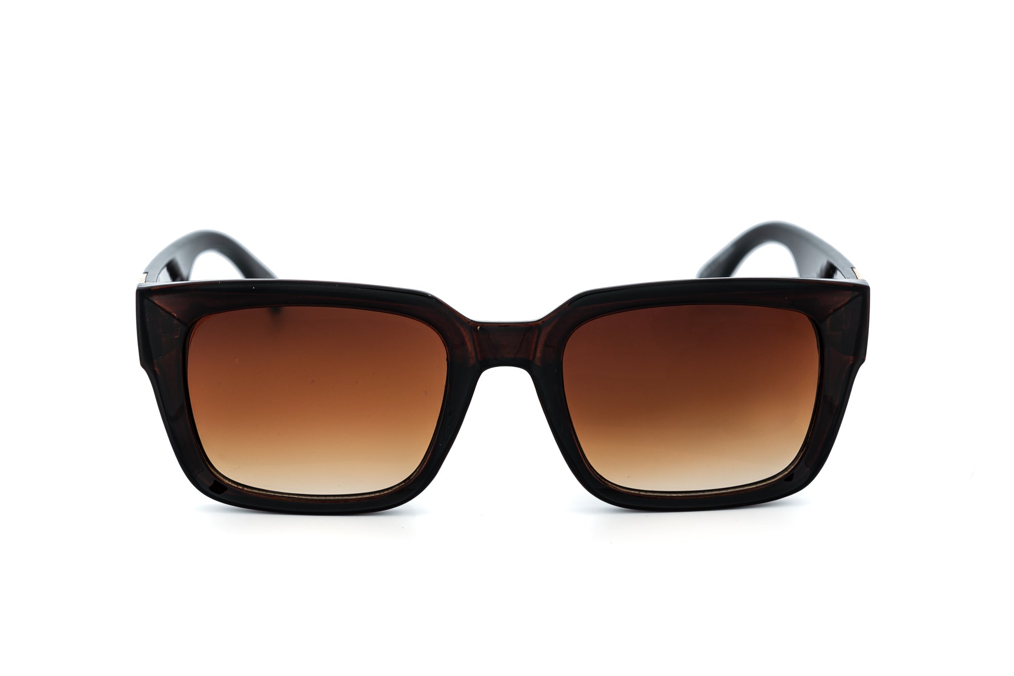 Tessara by Bolero Eyewear square brown sunglasses with geometric temples and gradient UV lenses front angle view