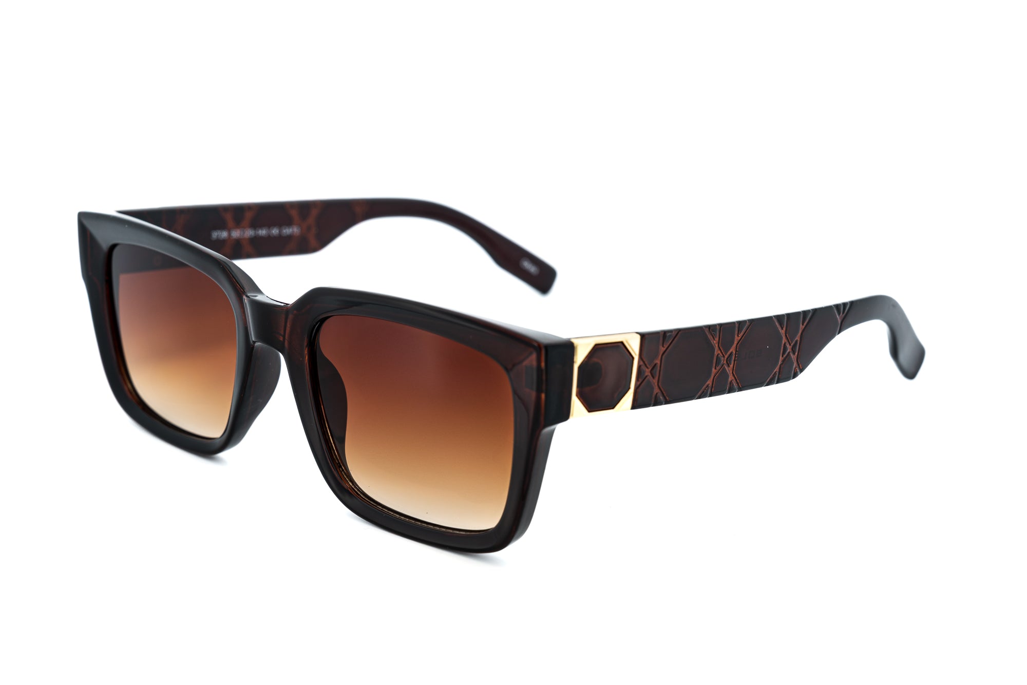 Tessara by Bolero Eyewear square brown sunglasses with geometric temples and gradient UV lenses