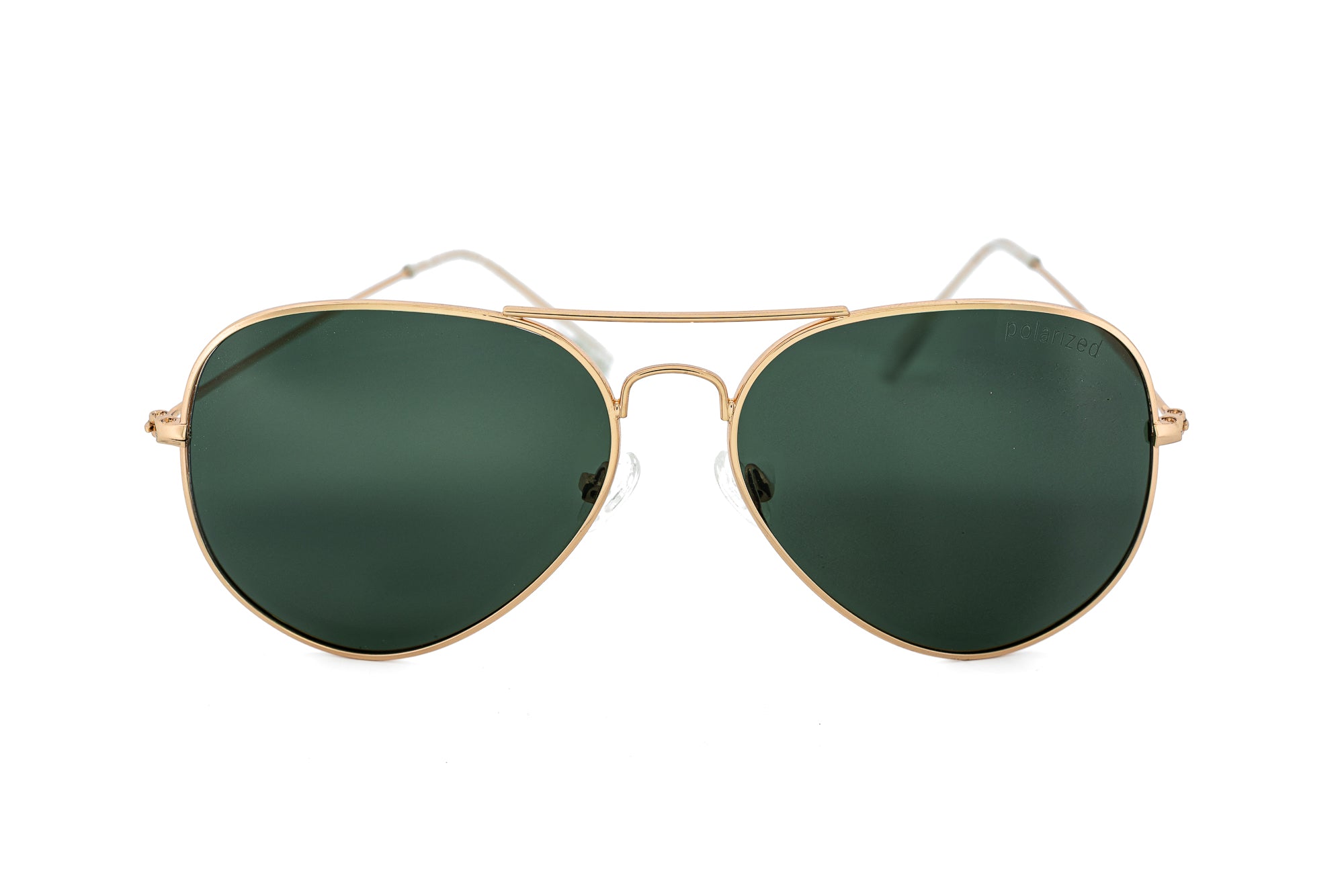 Thurston by Bolero Eyewear Gold frame aviator sunglasses with polarized green lenses front angle view