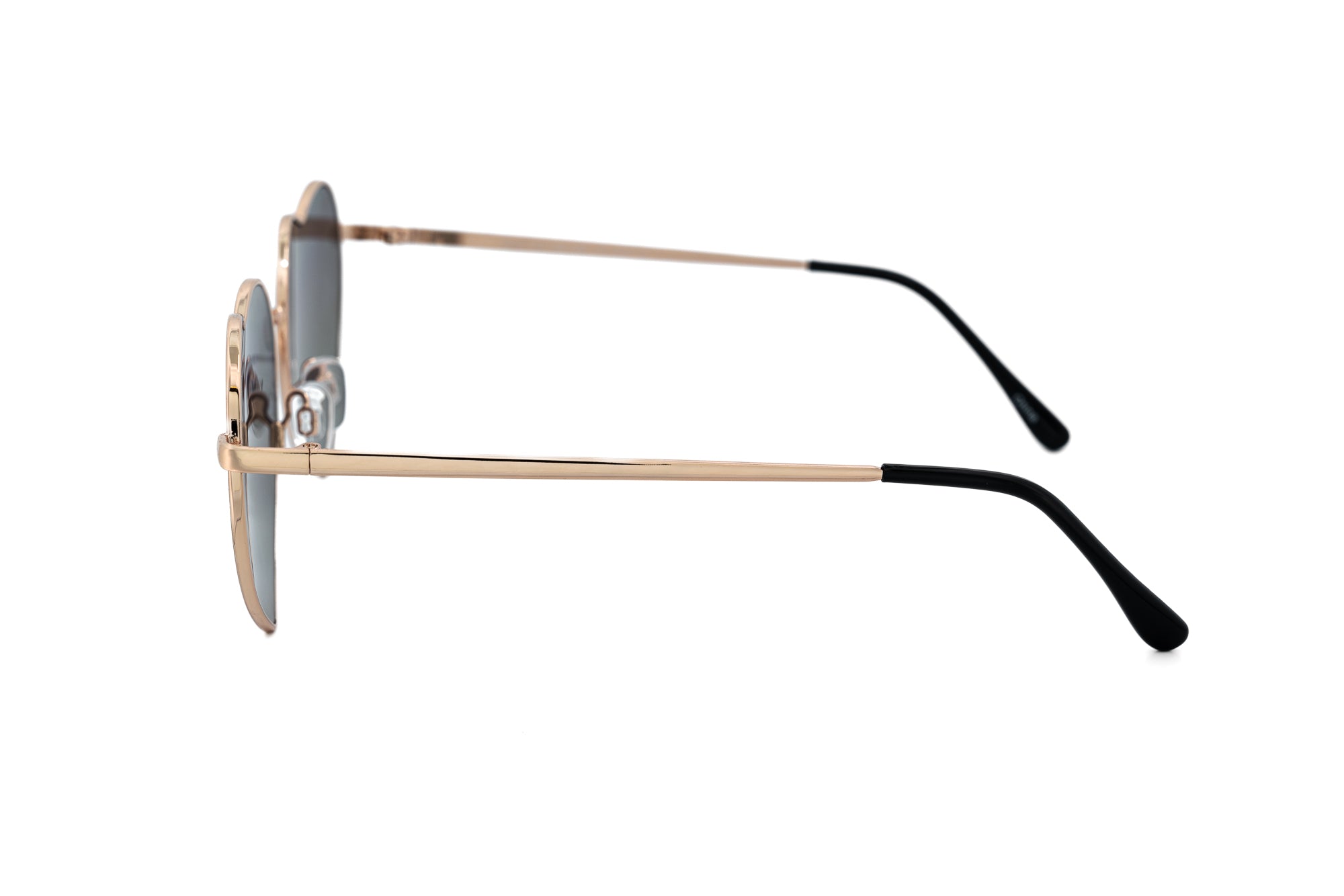 Valentina by Bolero Eyewear sunglasses with heart rainbow mirror lenses and slim gold metal frame side angle view