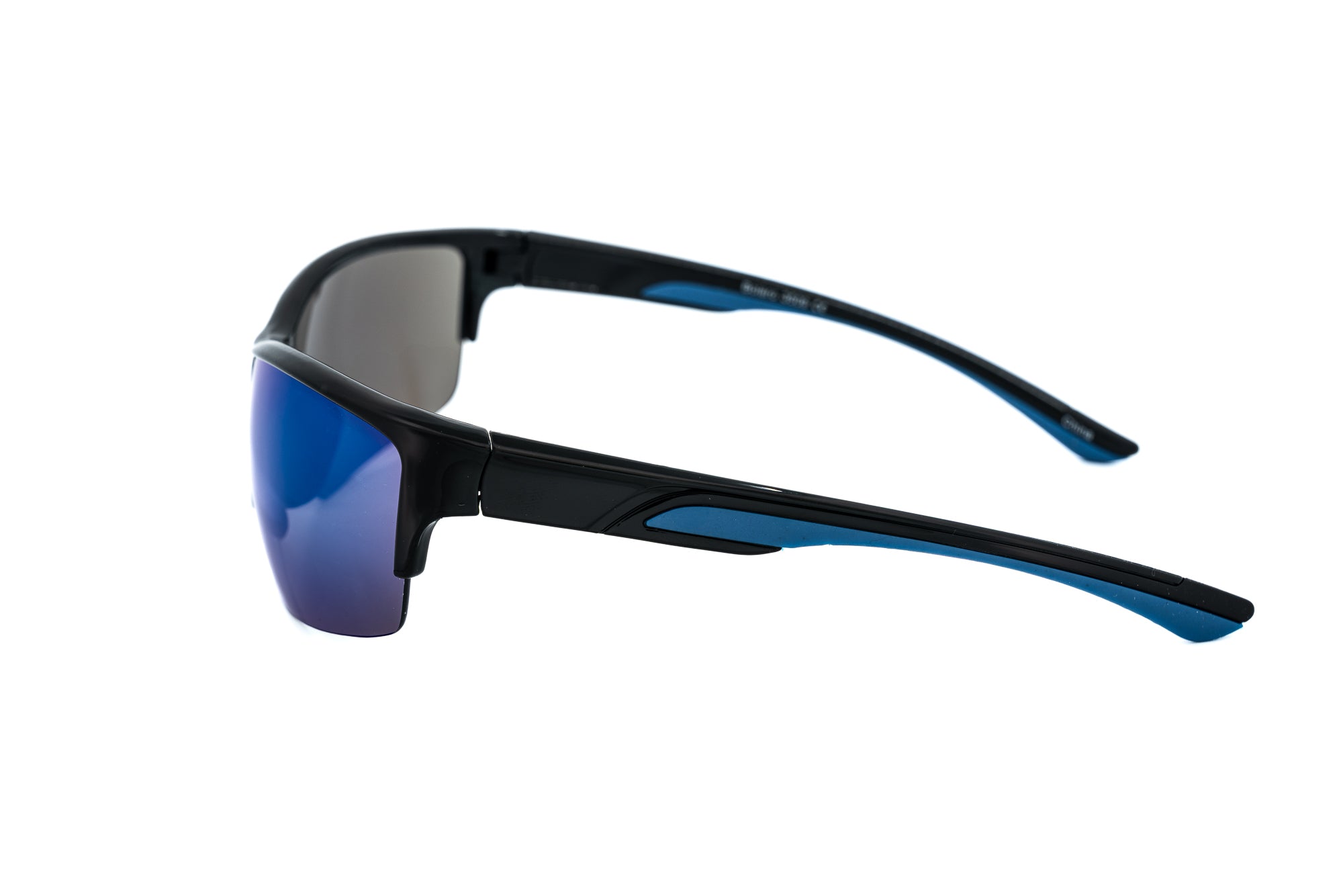 Vantage by Bolero Eyewear black wraparound sport sunglasses with blue tinted lenses side angle view