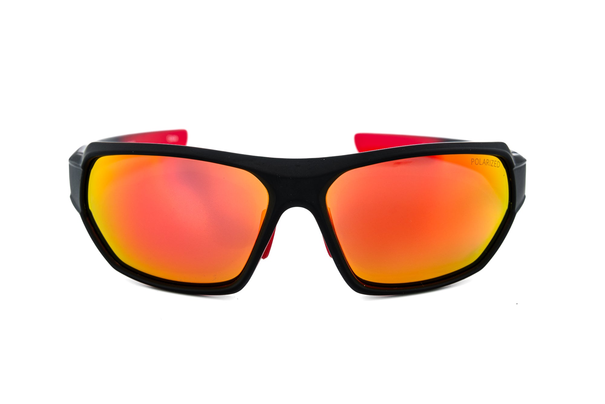 Varnox by Bolero Eyewear black wraparound sports sunglasses with polarized red mirror lenses front angle view
