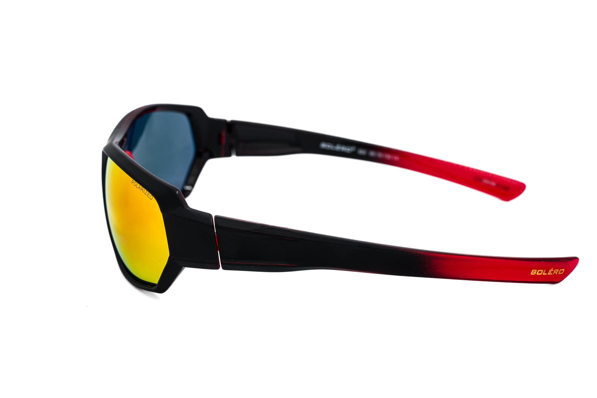 Varnox by Bolero Eyewear black wraparound sports sunglasses with polarized red mirror lenses side angle view