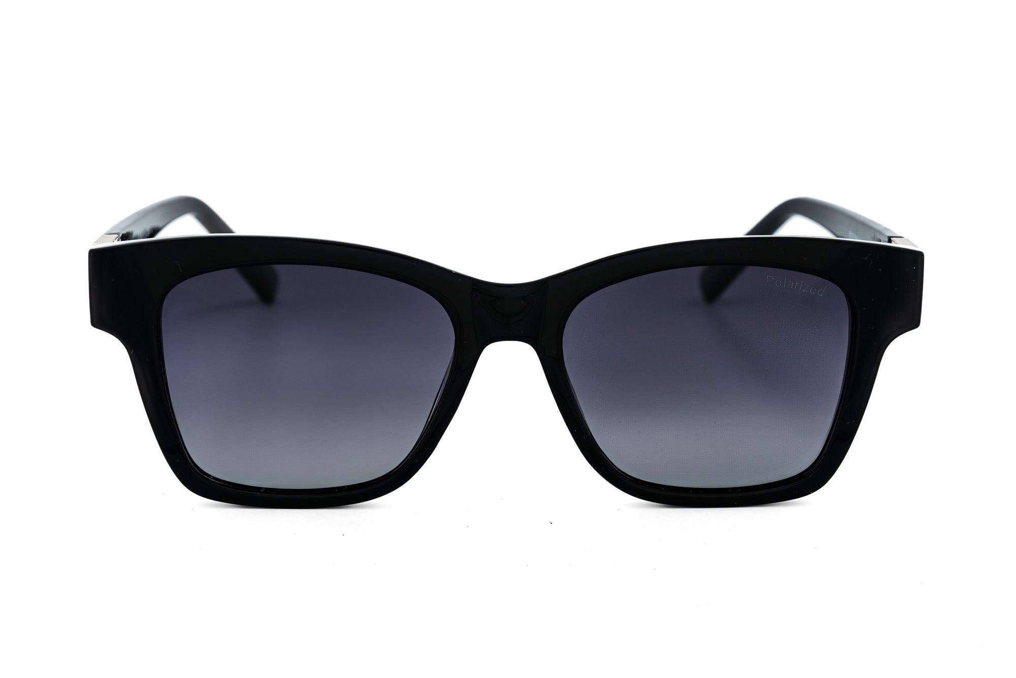Velora by Bolero Eyewear black square sunglasses with polarized smoke lenses and gold temple detail front angle view