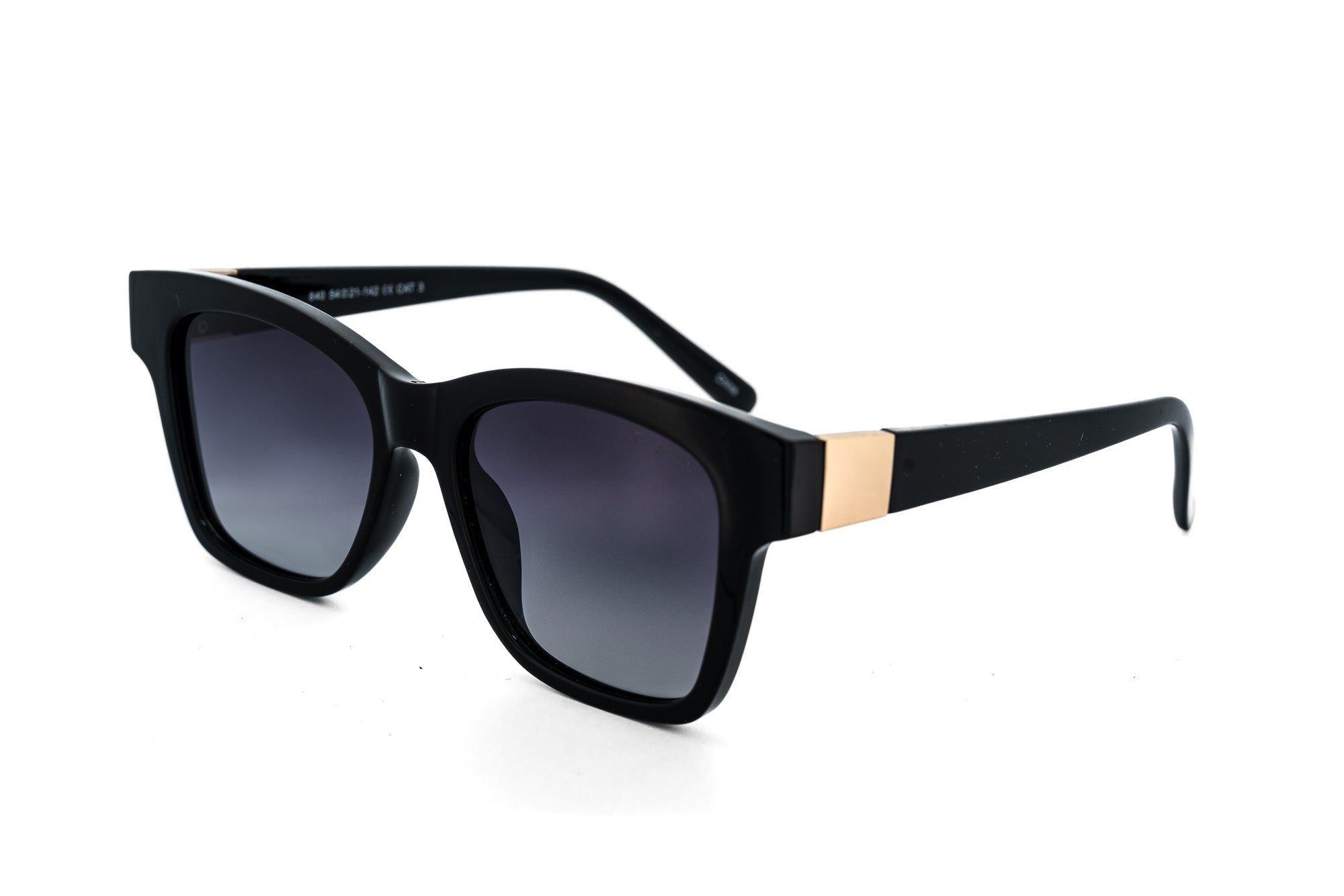 Velora by Bolero Eyewear black square sunglasses with polarized smoke lenses and gold temple detail