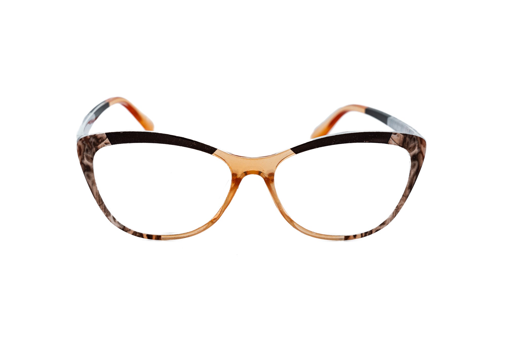 VeraVie cat-eye reading glasses in marbled multicolor with translucent detailing by Bolero Eyewear front angle view