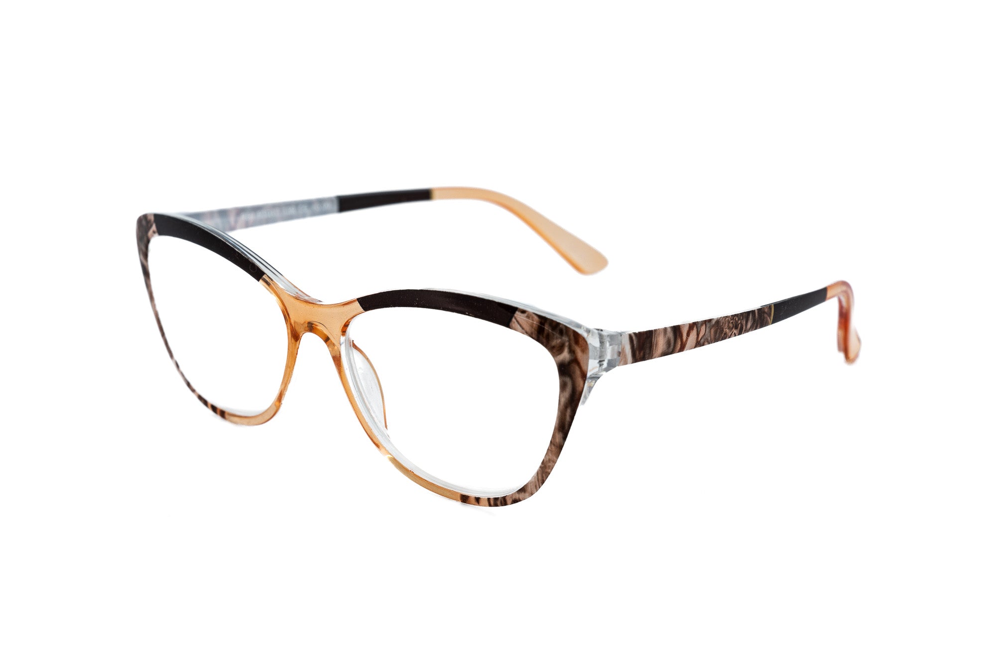 VeraVie cat-eye reading glasses in marbled multicolor with translucent detailing by Bolero Eyewear