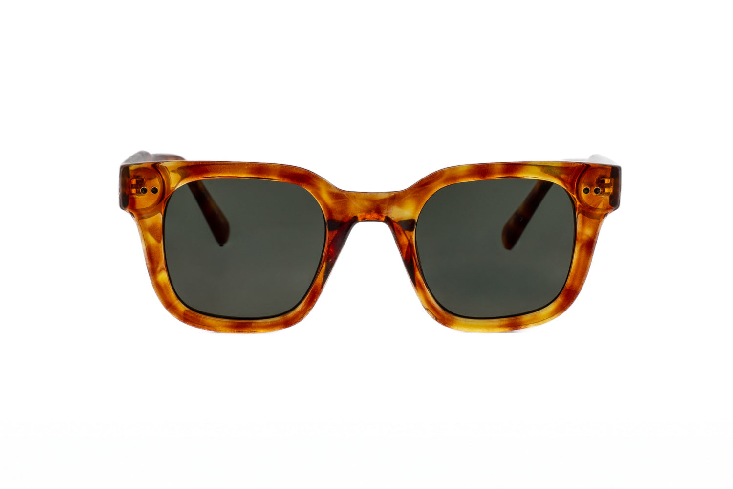 Verdene by Bolero Eyewear tortoise square sunglasses with green smoke UV lenses front angle view