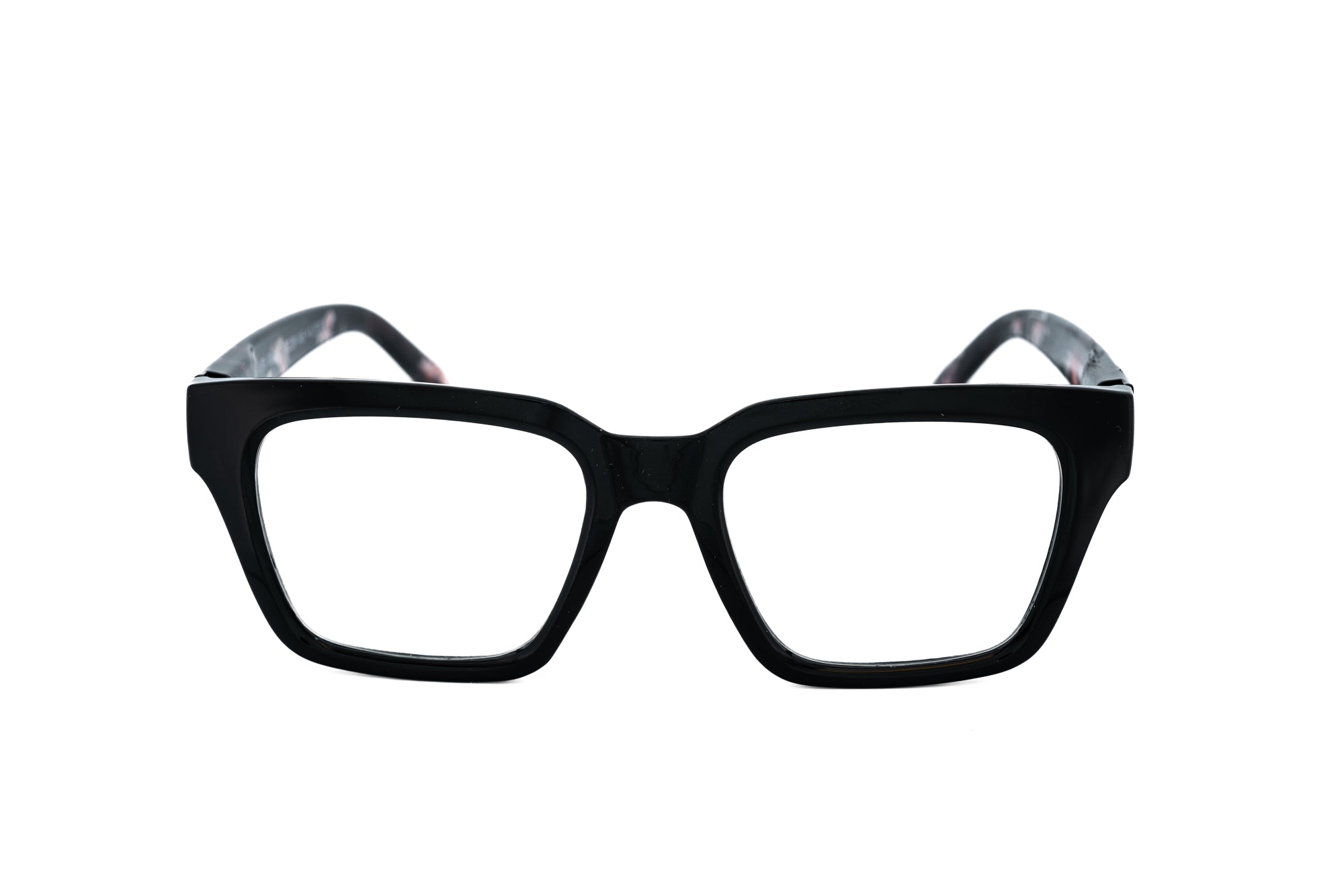 Vespera by Bolero Eyewear black reading glasses with rose-marble temples and square cat-eye silhouette front angle view