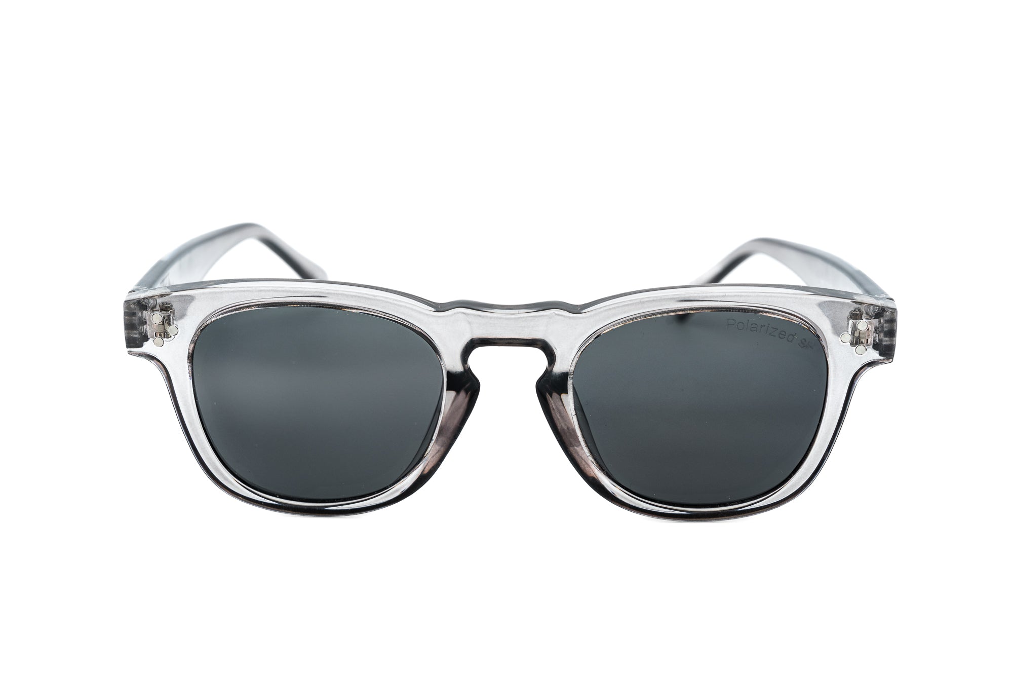 Veyron by Bolero Eyewear transparent sunglasses Polarized with smoke gray lenses front angle view