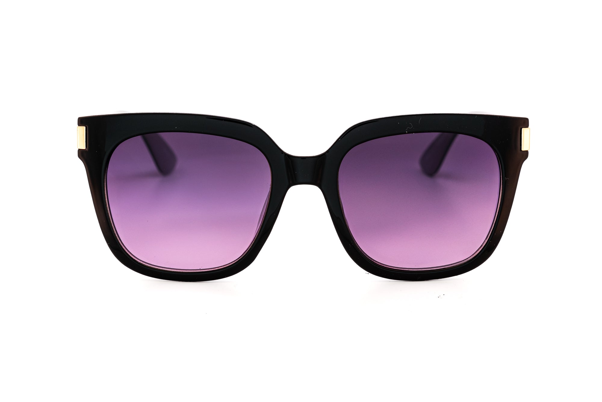 Viondra by Bolero Eyewear women’s square sunglasses with black frame and purple gradient lenses front angle view