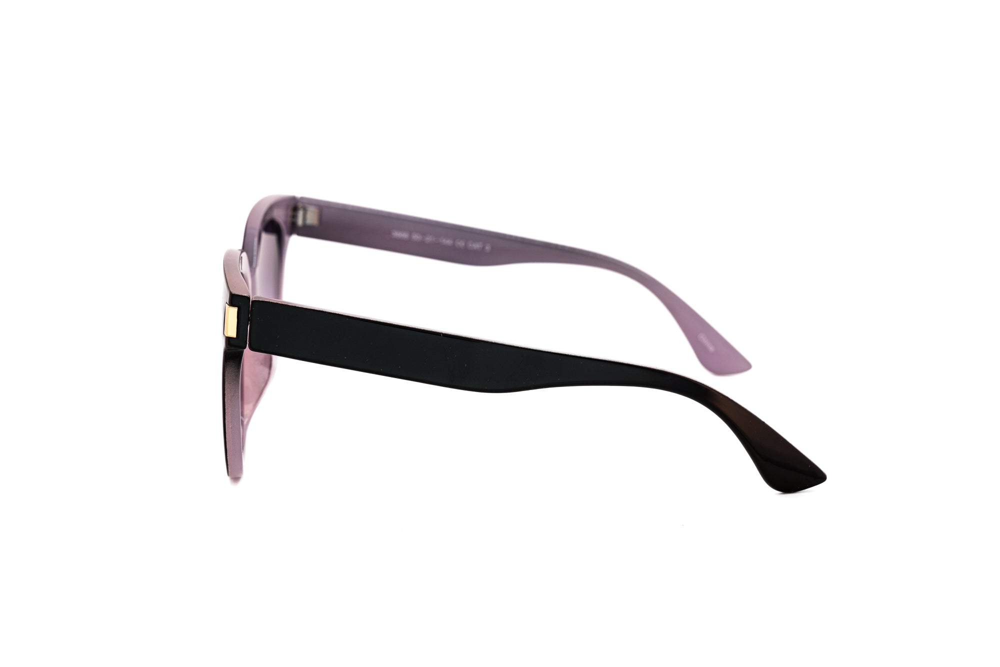 Viondra by Bolero Eyewear women’s square sunglasses with black frame and purple gradient lenses side angle view