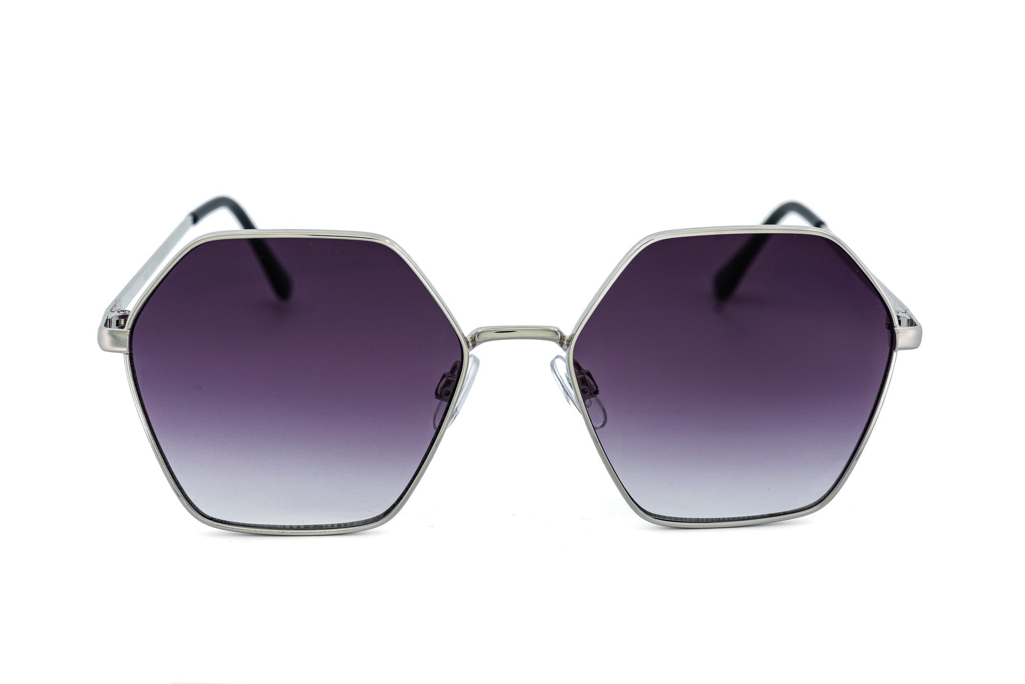 Virella by Bolero Eyewear hexagonal sunglasses with silver metal frame and purple gradient lenses front angle view