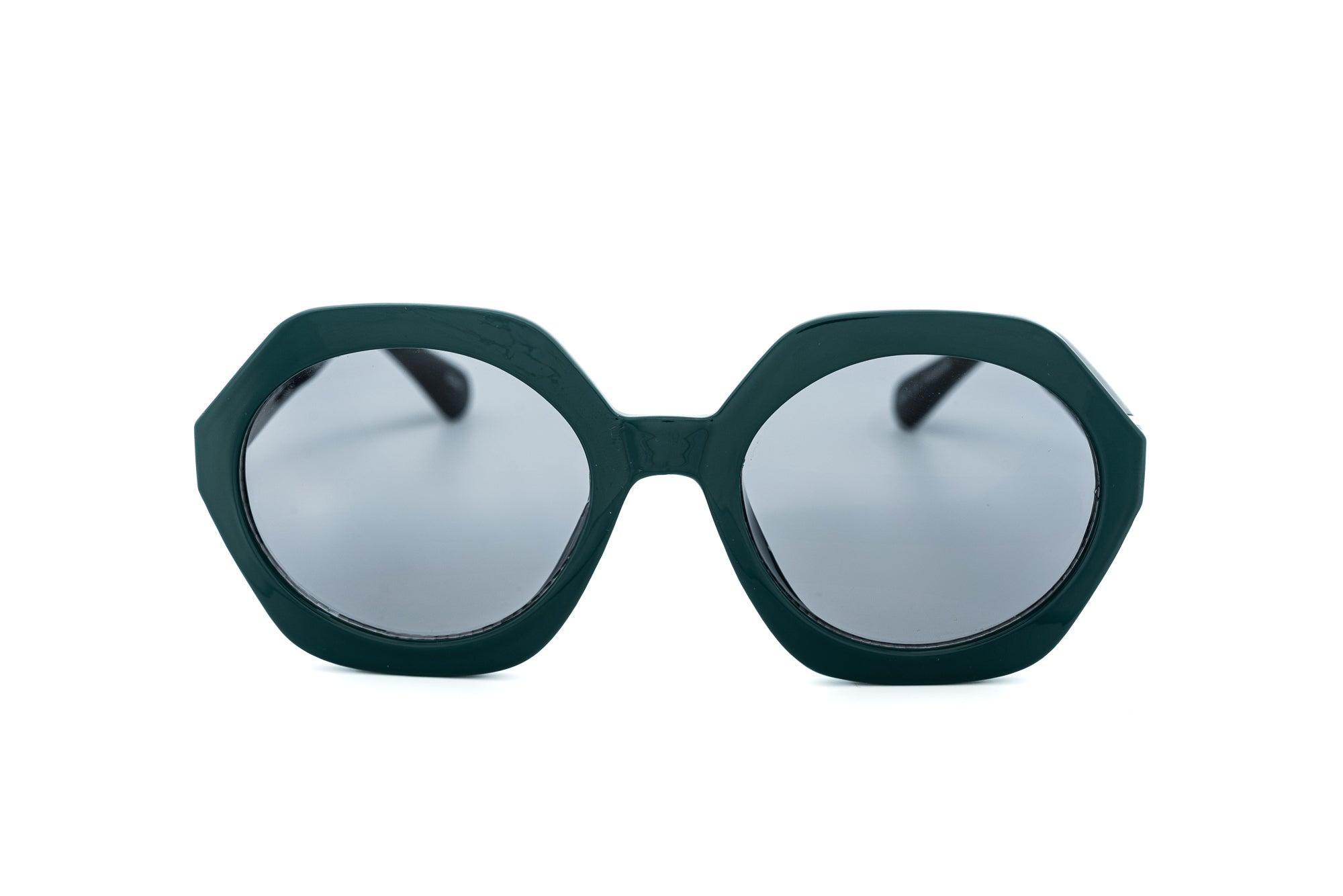 Virelle by Bolero Eyewear bold geometric green sunglasses with tinted lenses front angle view