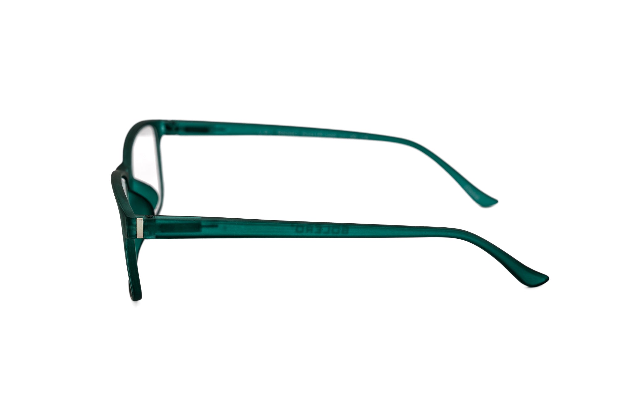 Emerald green Viridia reading glasses with soft rectangular silhouette and flexible polycarbonate frame side angle view