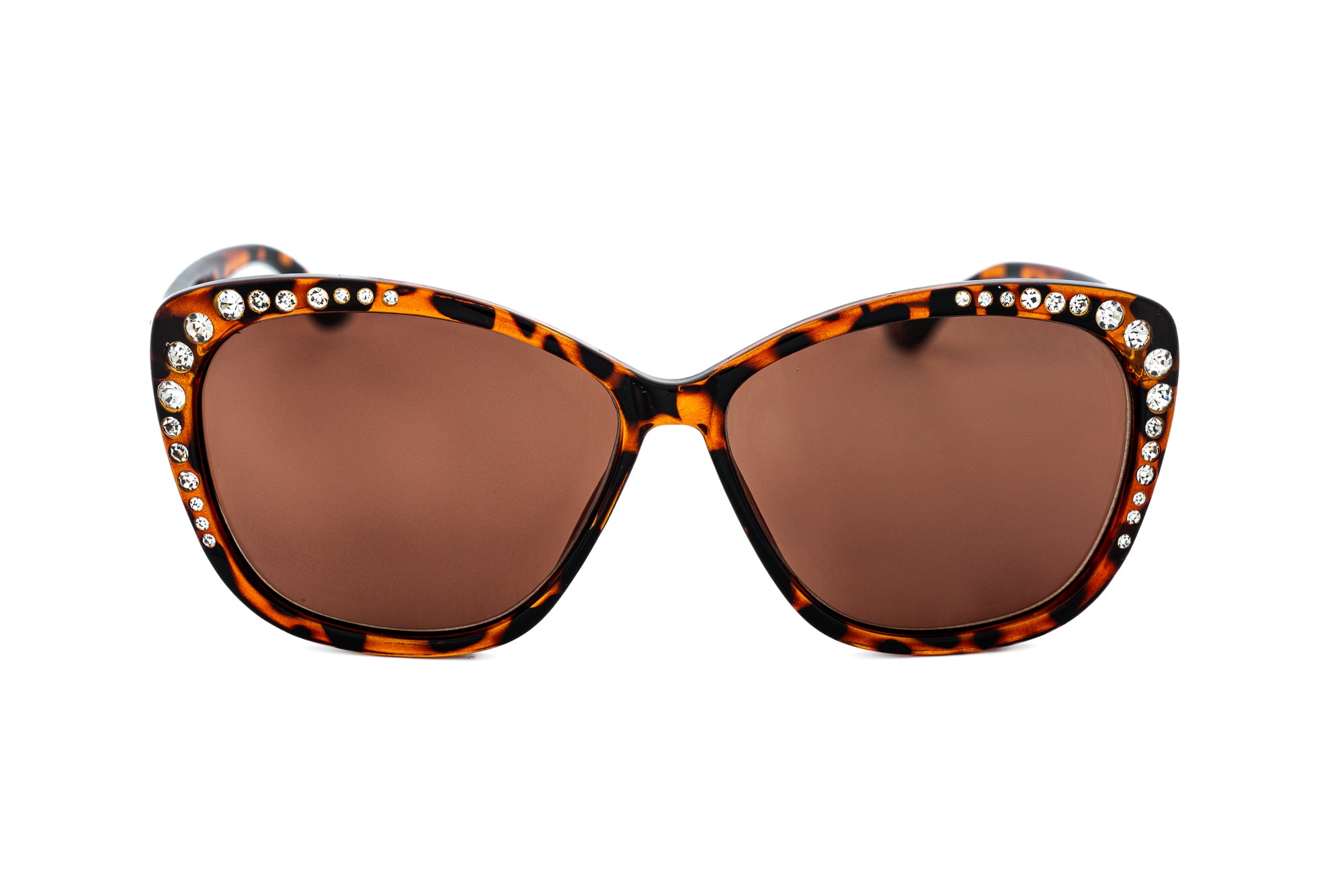 Vivienne by Bolero Eyewear tortoiseshell cat-eye sun readers with crystal detailing front angle view