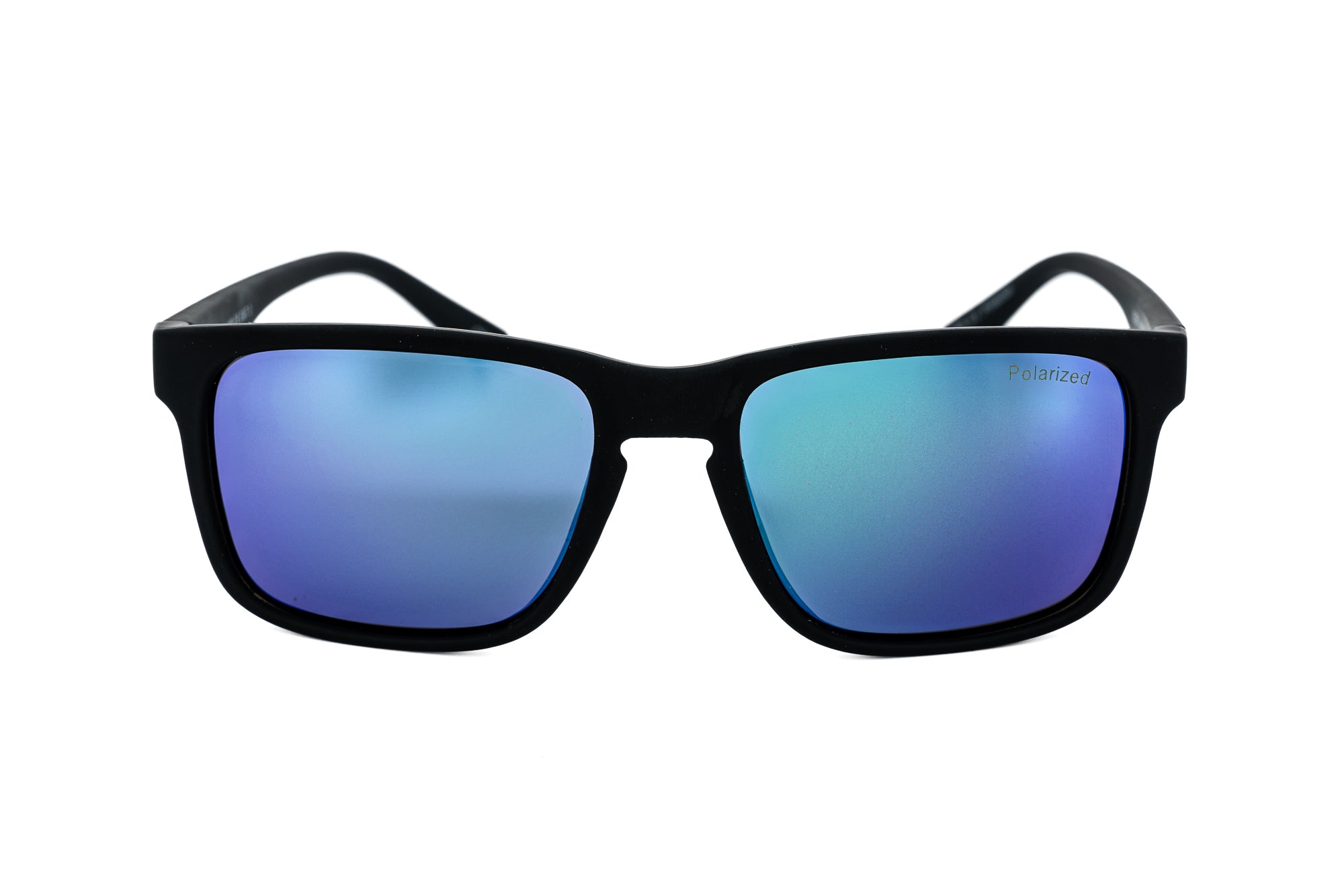 Glacier by Bolero Eyewear black wraparound sunglasses with blue polarized mirror lenses
front angle view