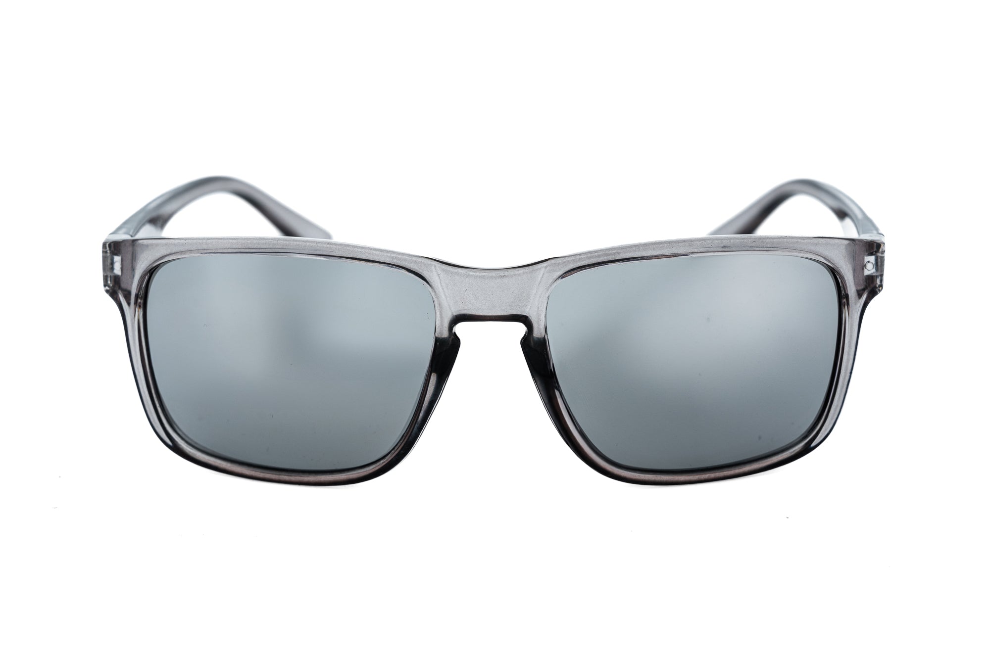 Glacier by Bolero Eyewear gray wraparound sunglasses with smoke polarized mirror lenses front angle view