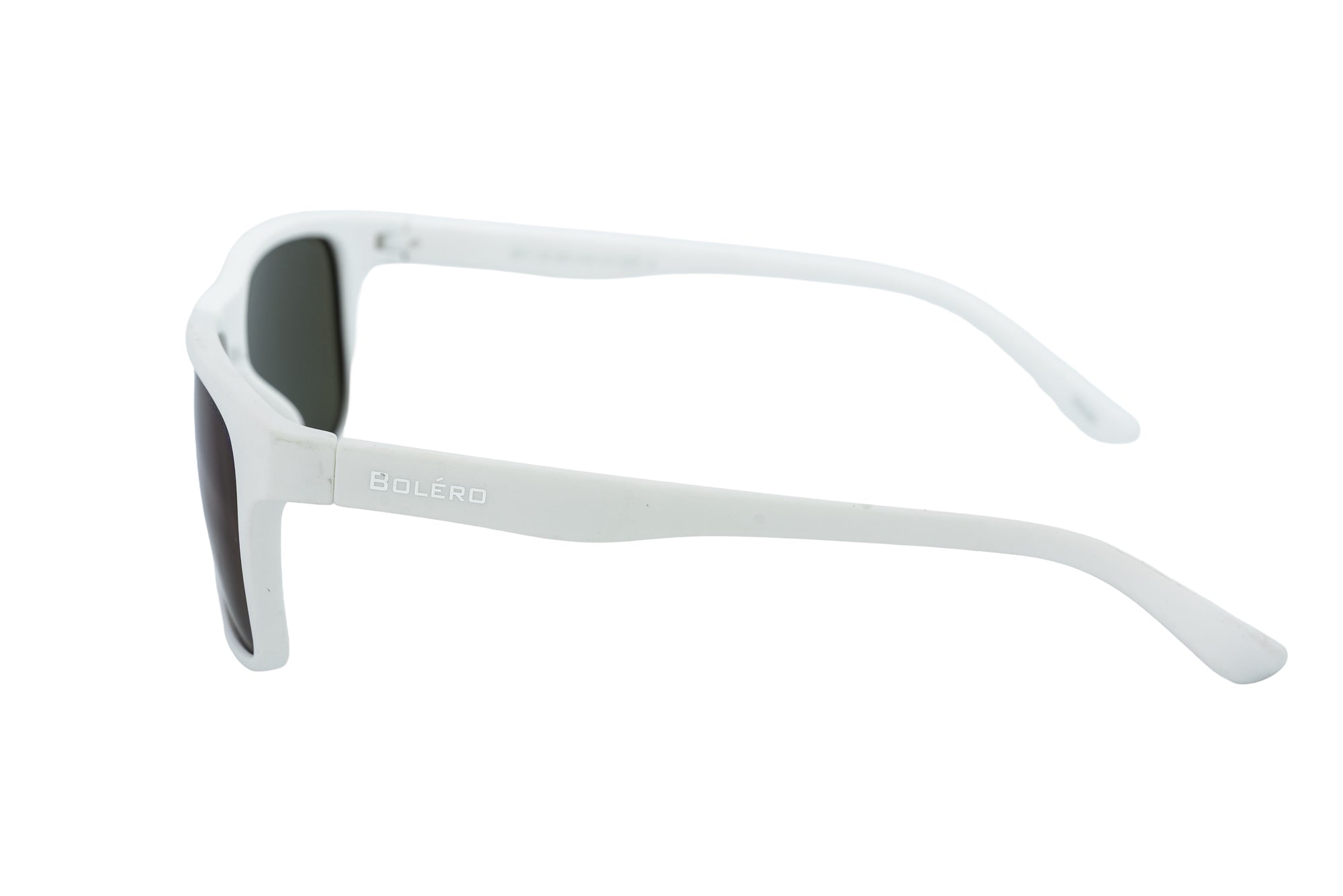 Glacier by Bolero Eyewear white wraparound sunglasses with blue polarized mirror lenses side angle view