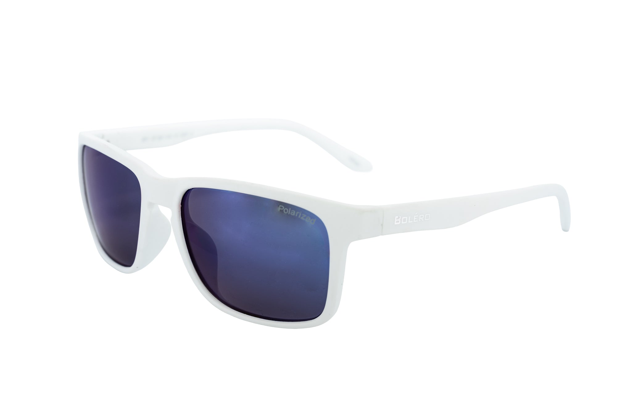Glacier by Bolero Eyewear white wraparound sunglasses with blue polarized mirror lenses