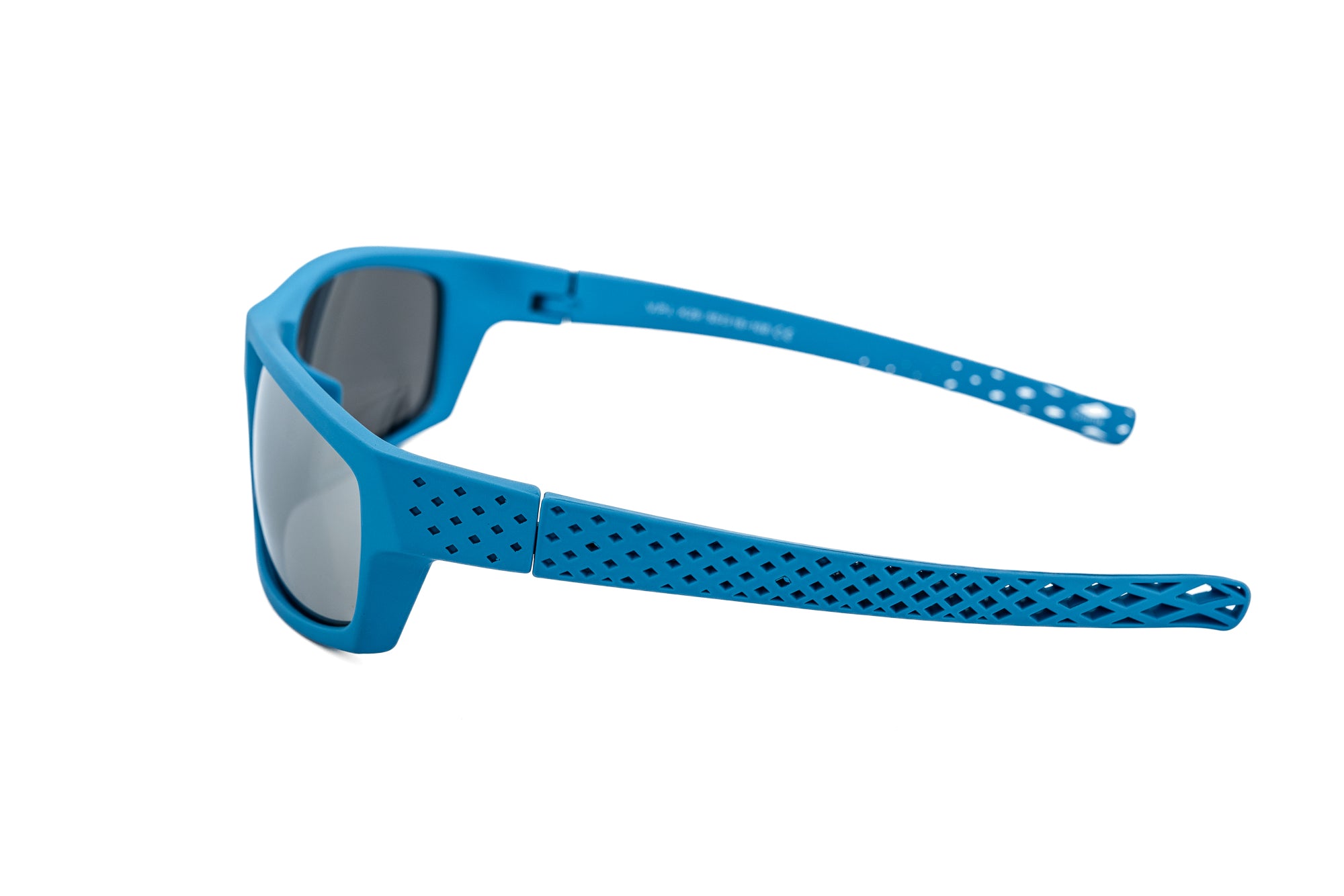 Rio by Bolero Eyewear kids sunglasses in blue with silver mirror wraparound lenses
side angle view