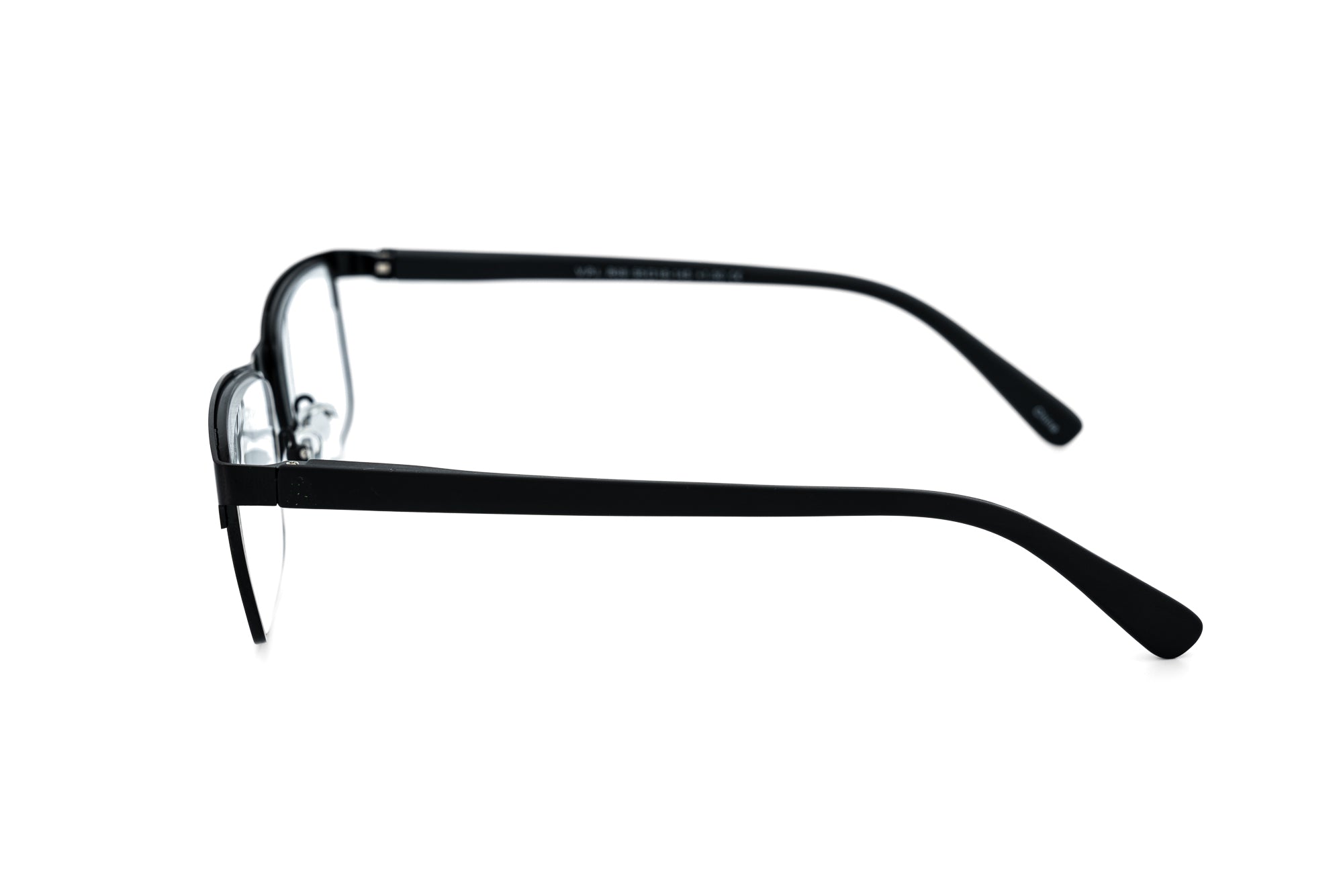 Alaric by Bolero Eyewear black matte metal reading glasses with clear lenses
side angle view
