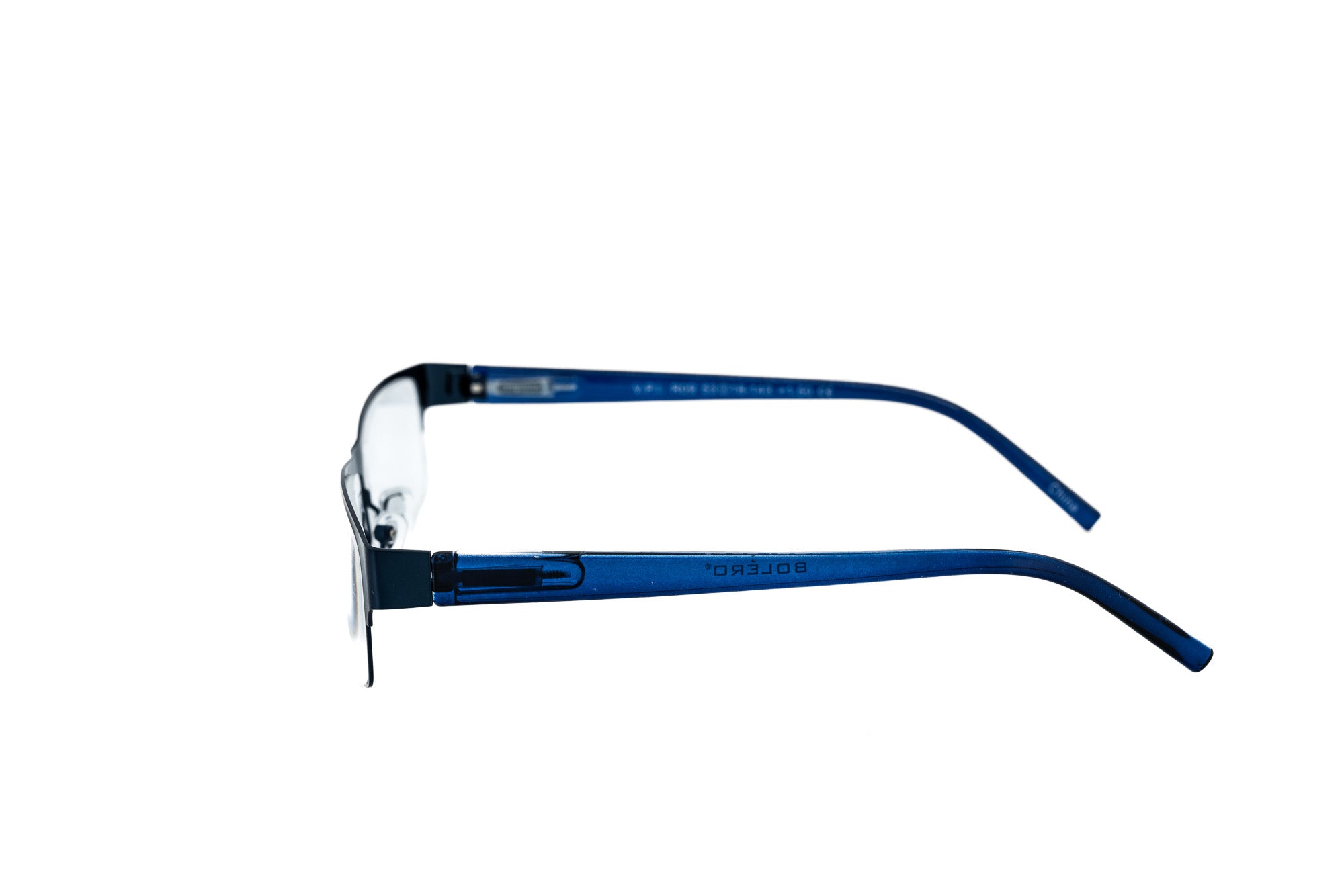 Alaric by Bolero Eyewear blue metal reading glasses with rectangular frame and adjustable nose pads side angle view