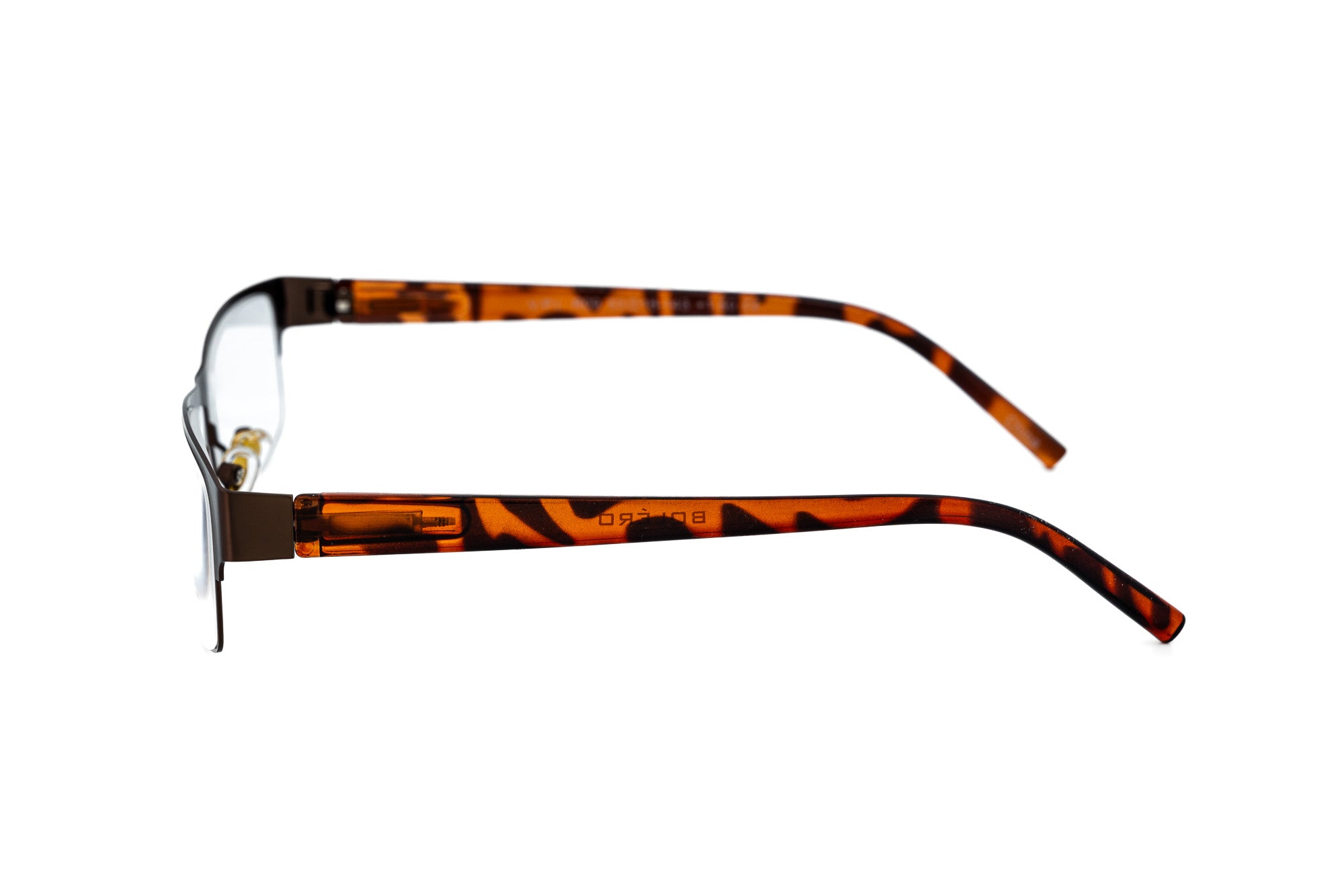 Alaric by Bolero Eyewear bronze metal reading glasses with tortoiseshell temples
side angle view
