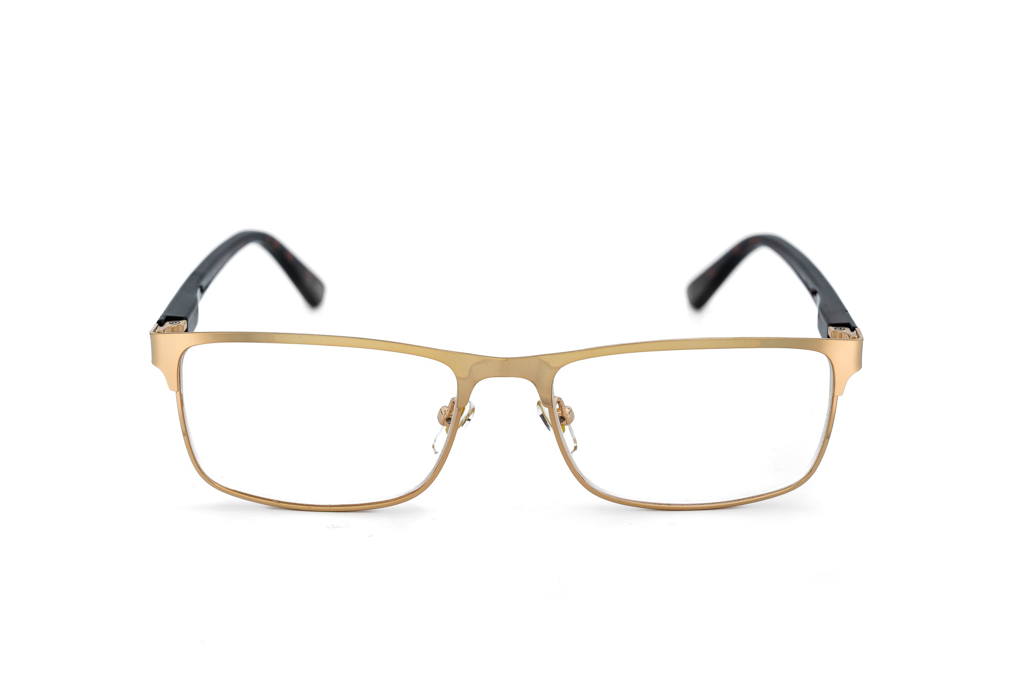 Alaric by Bolero Eyewear gold metal reading glasses with clear lenses and tortoise temples front angle view