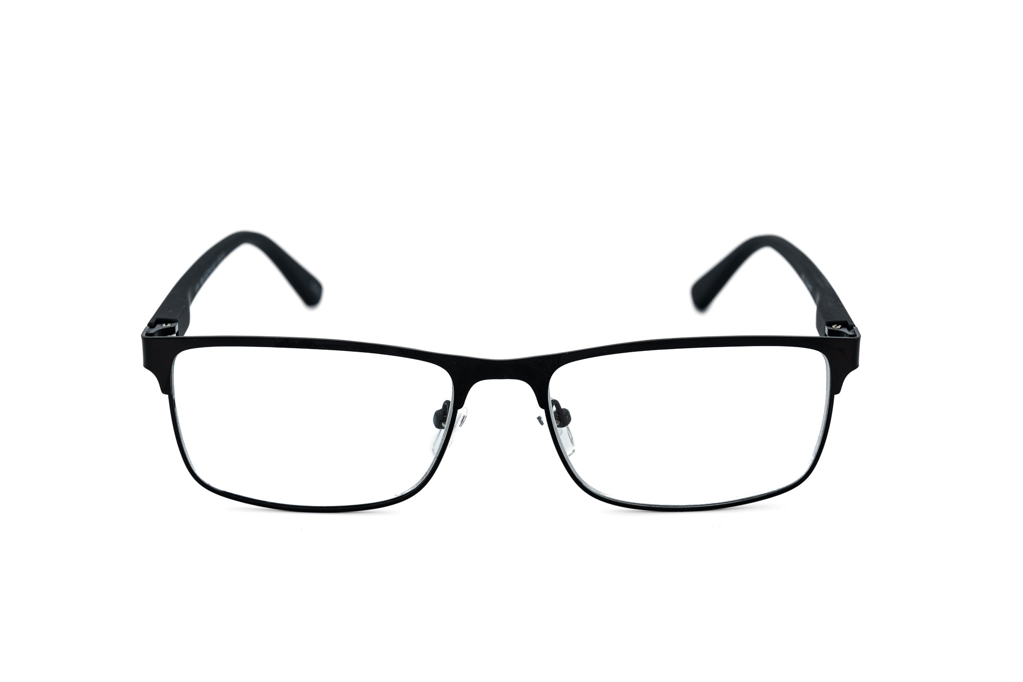 Alaric by Bolero Eyewear black matte metal reading glasses with clear lenses
front angle view