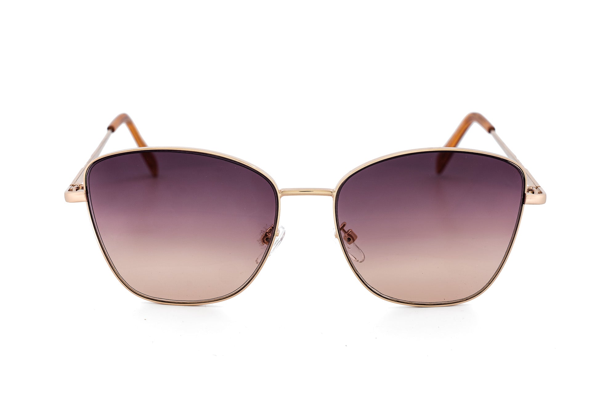Alessa by Bolero Eyewear gold metal square sunglasses with rose gradient UV lenses front angle view