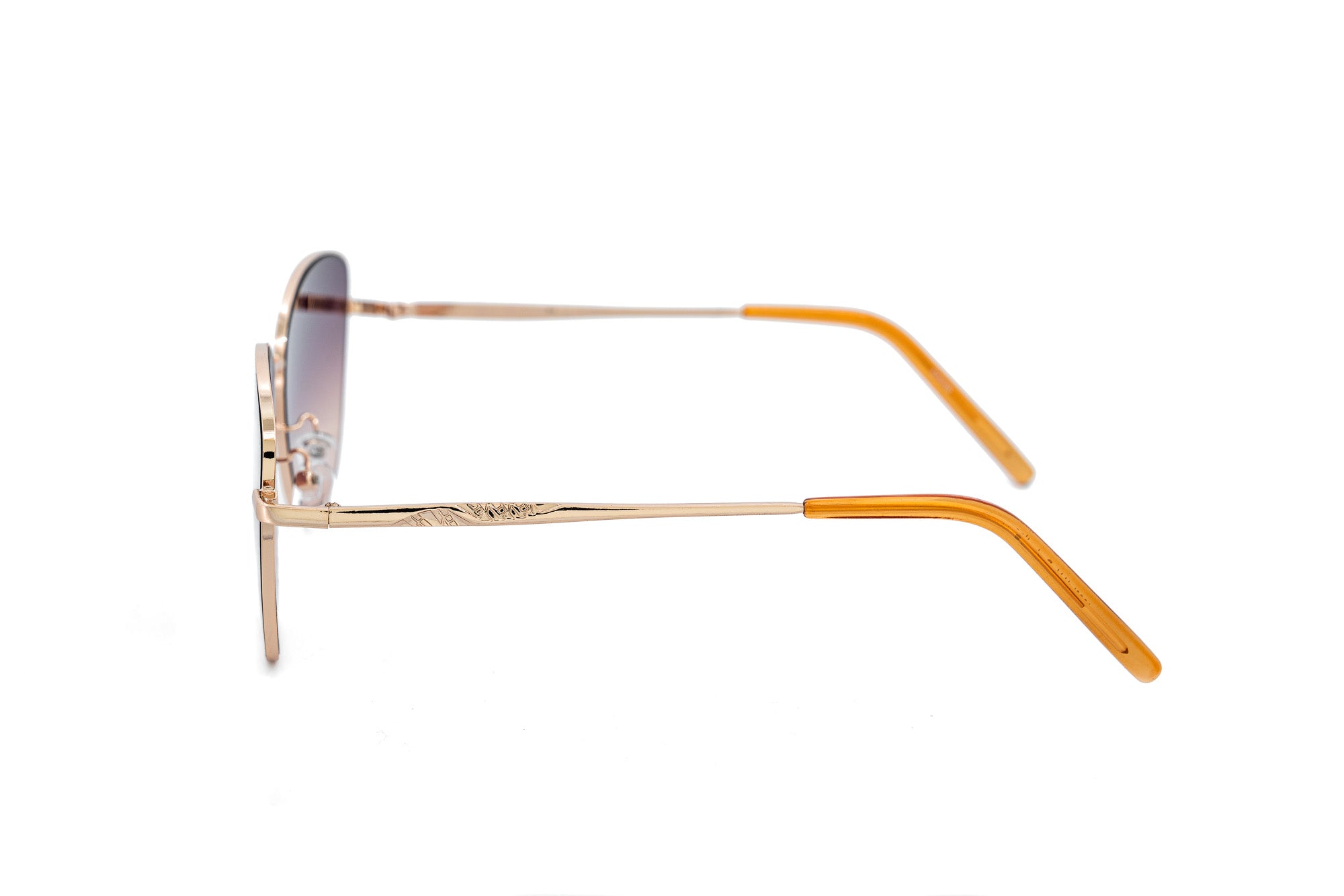 Alessa by Bolero Eyewear gold metal square sunglasses with rose gradient UV lenses
side angle view