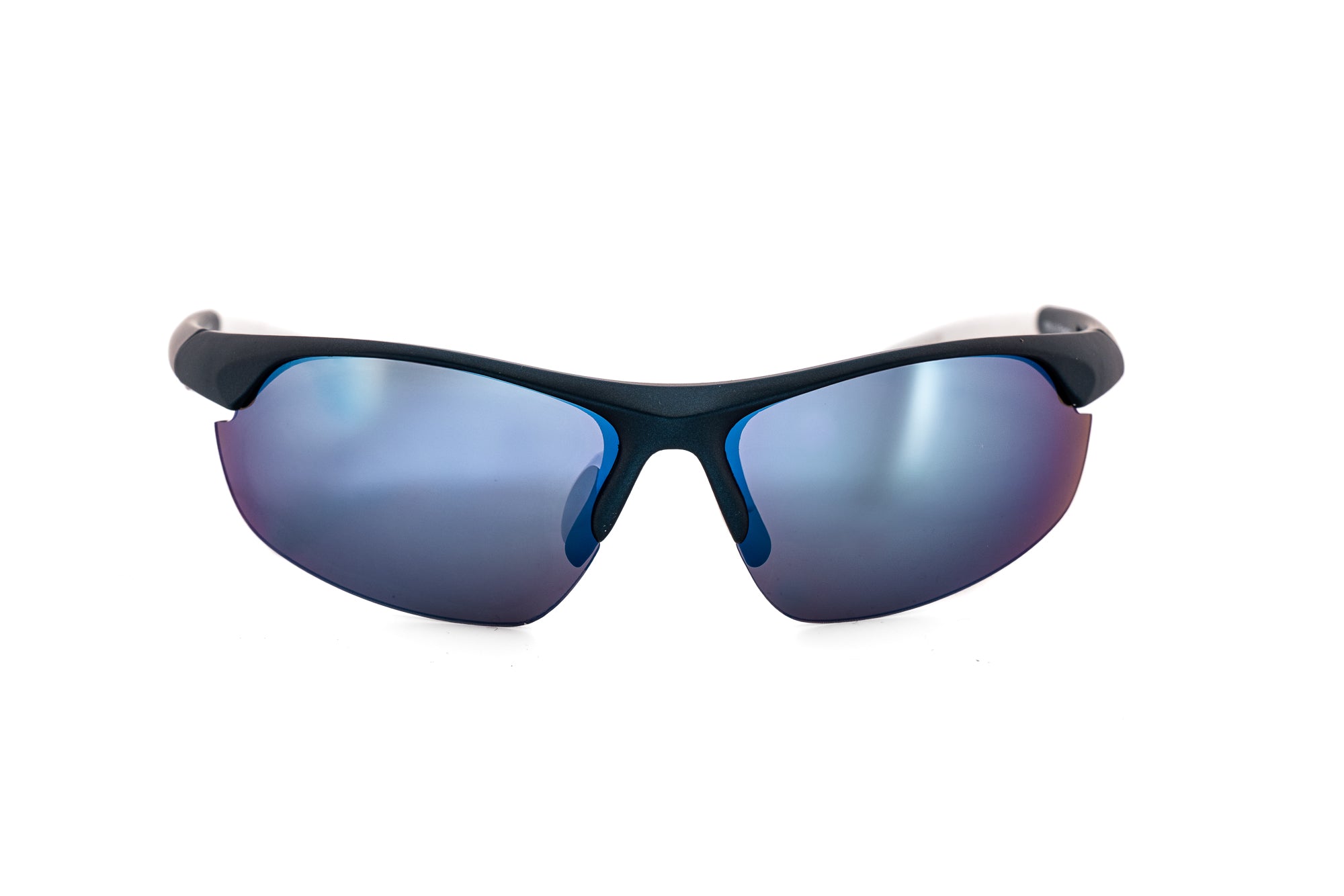 Apex by Bolero Eyewear navy sport sunglasses with blue mirror wraparound lenses front angle view