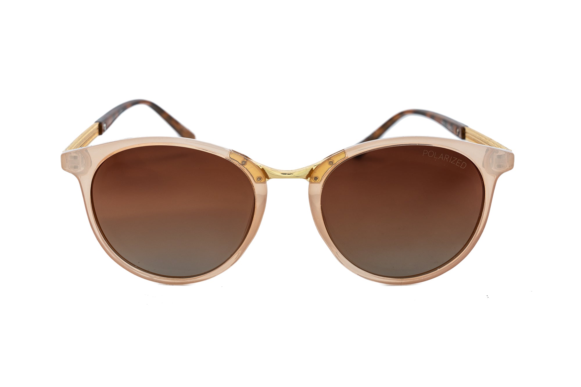 Arabelle by Bolero Eyewear pink frame sunglasses with brown UV-protective lenses and gold metal temples front angle view