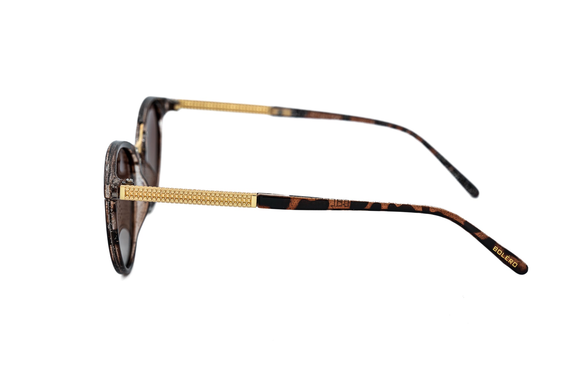 Arabelle by Bolero Eyewear tortoise round sunglasses with brown lenses and lightweight metal-polycarbonate temples side angle view