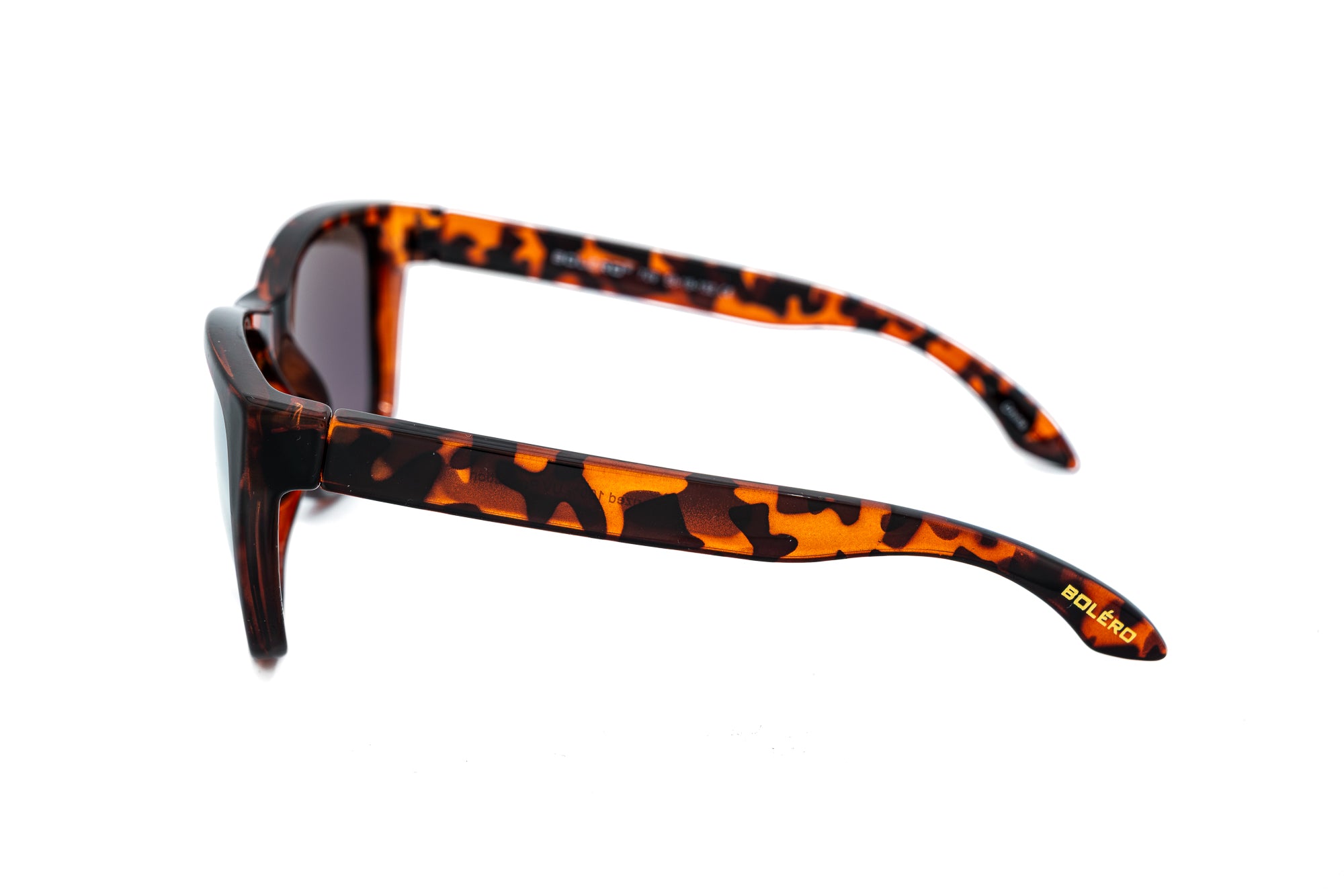 Tortoise frame Arvado sunglasses with yellow mirror polarized lenses side angle view