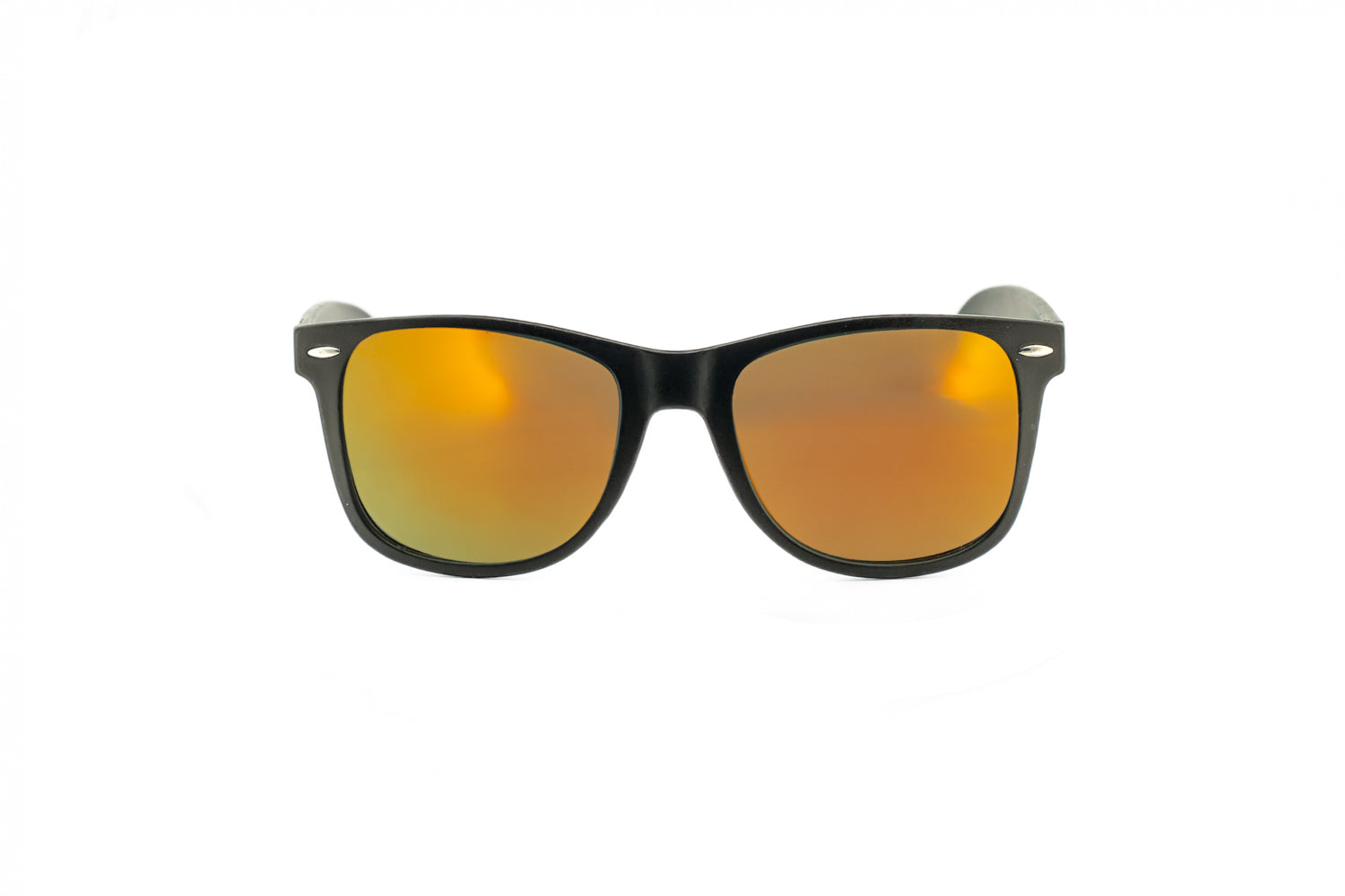 Benz by Bolero Eyewear black wayfarer sunglasses with polarized red mirror lenses front angle view