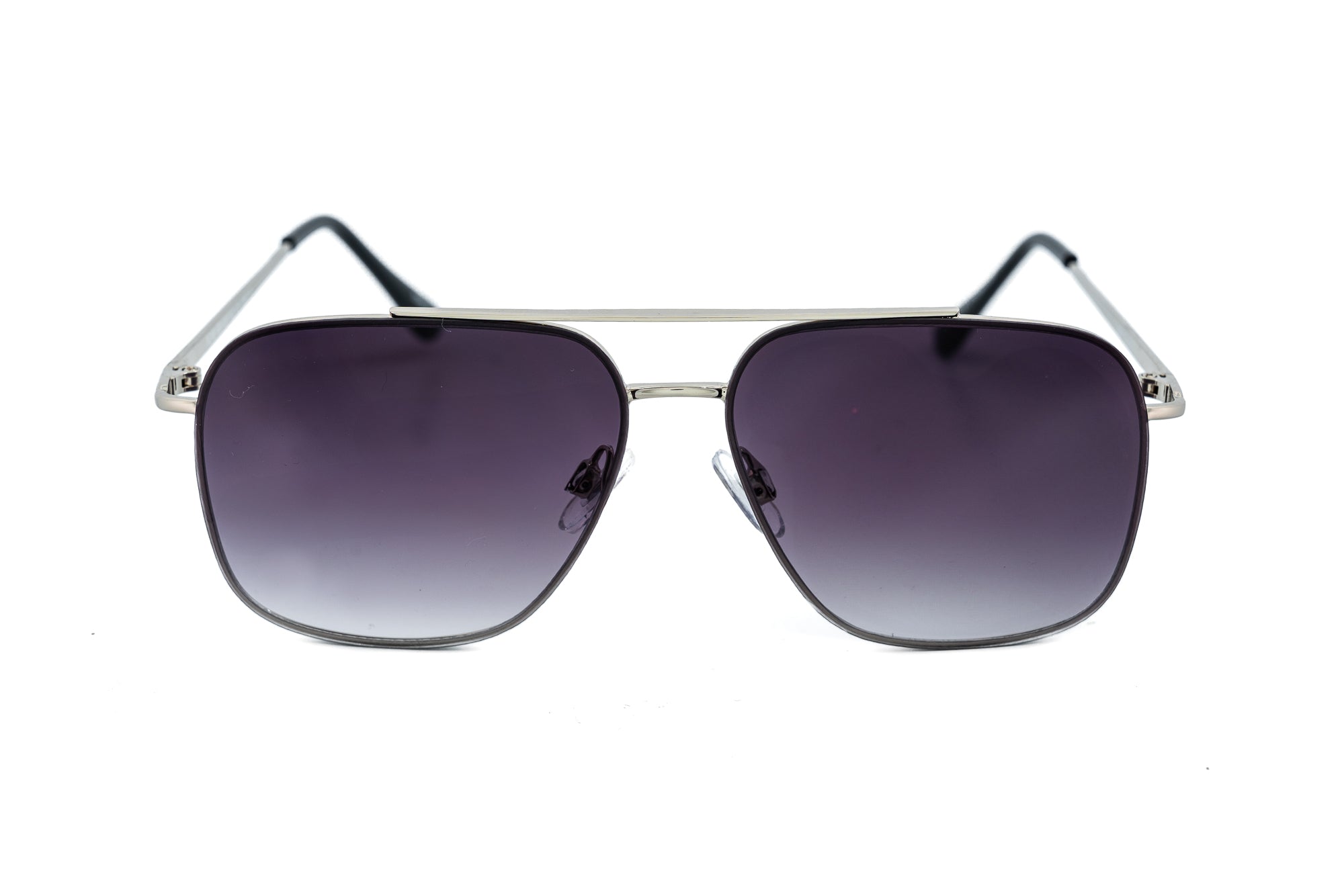 Bramante by Bolero Eyewear silver geometric aviator sunglasses with purple smoke UV lenses front angle view