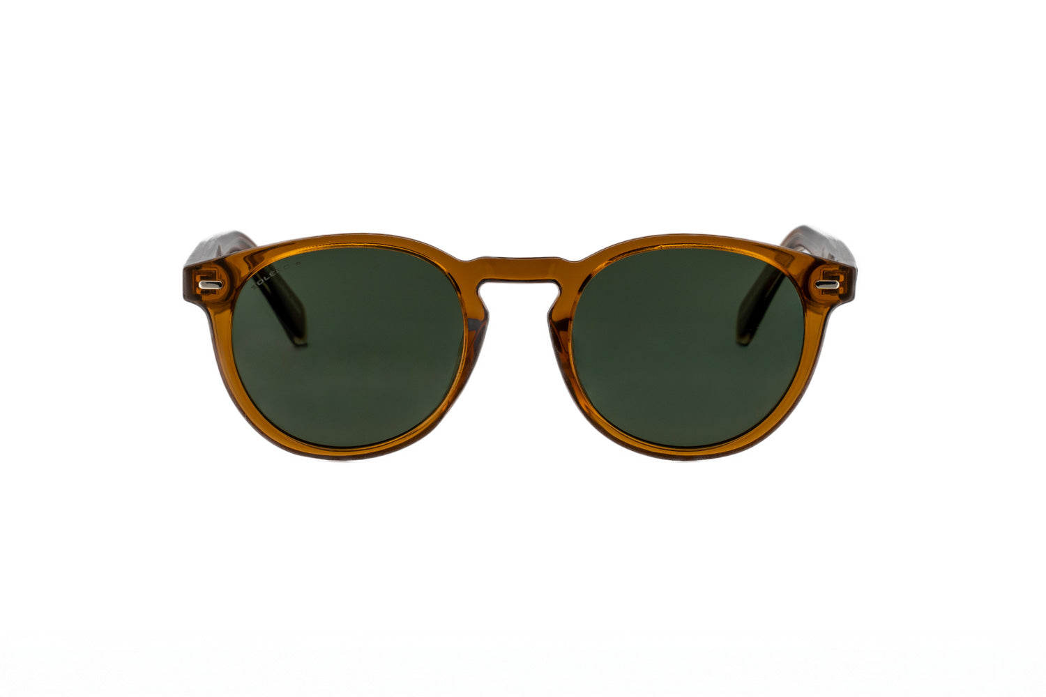 Briar amber brown round sunglasses by Bolero Eyewear with green smoke UV lenses reinforced metal core front angle view