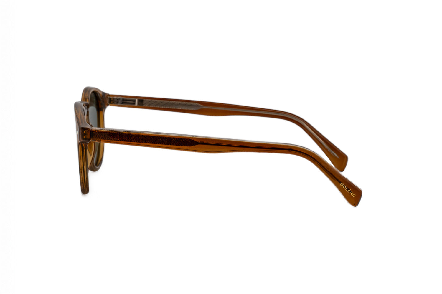 Briar amber brown round sunglasses by Bolero Eyewear with green smoke UV lenses reinforced metal core side angle view