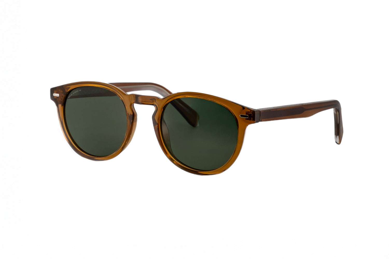 Briar amber brown round sunglasses by Bolero Eyewear with green smoke UV lenses reinforced metal core
