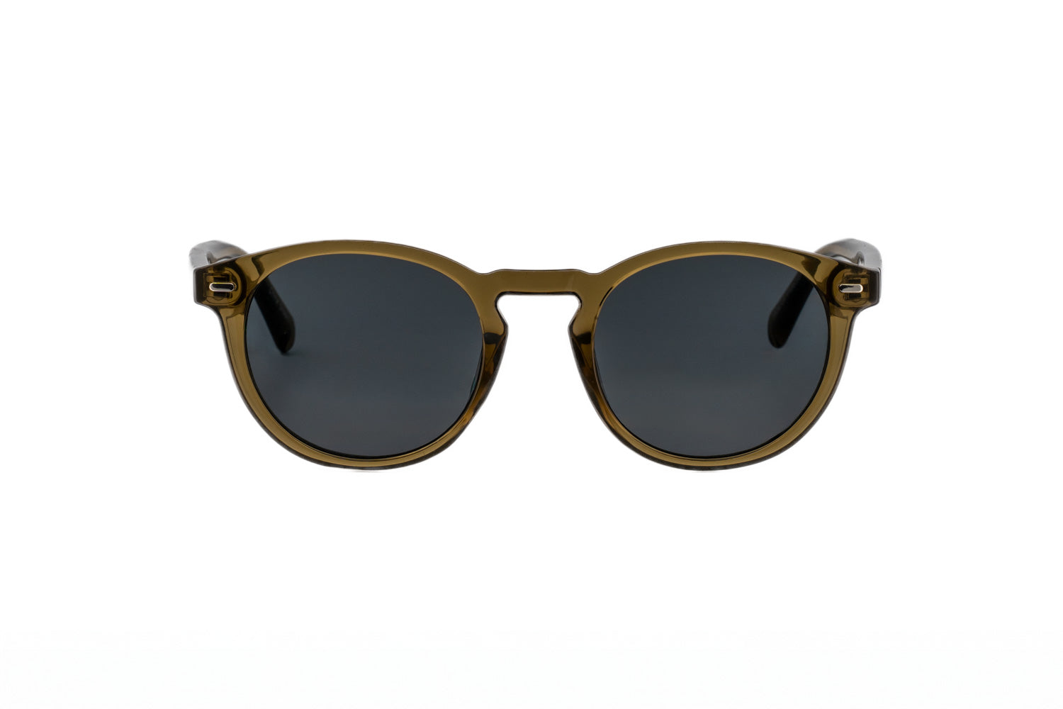 Briar amber green crystal round sunglasses by Bolero Eyewear with black UV lenses lightweight crystal frame front angle view
