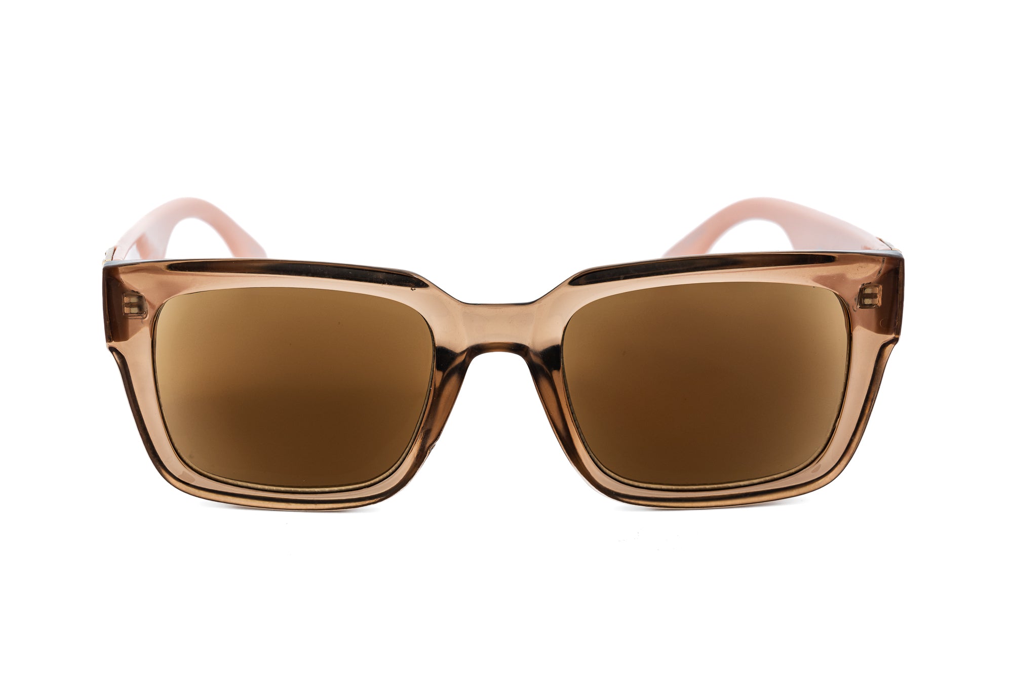 Brivelle sun readers by Bolero Eyewear in pink frame with geometric gold temples front angle view