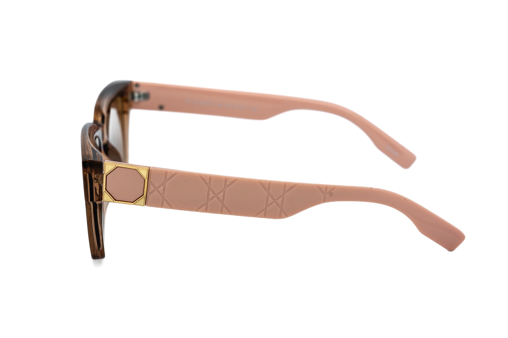 Brivelle sun readers by Bolero Eyewear in pink frame with geometric gold temples side angle view